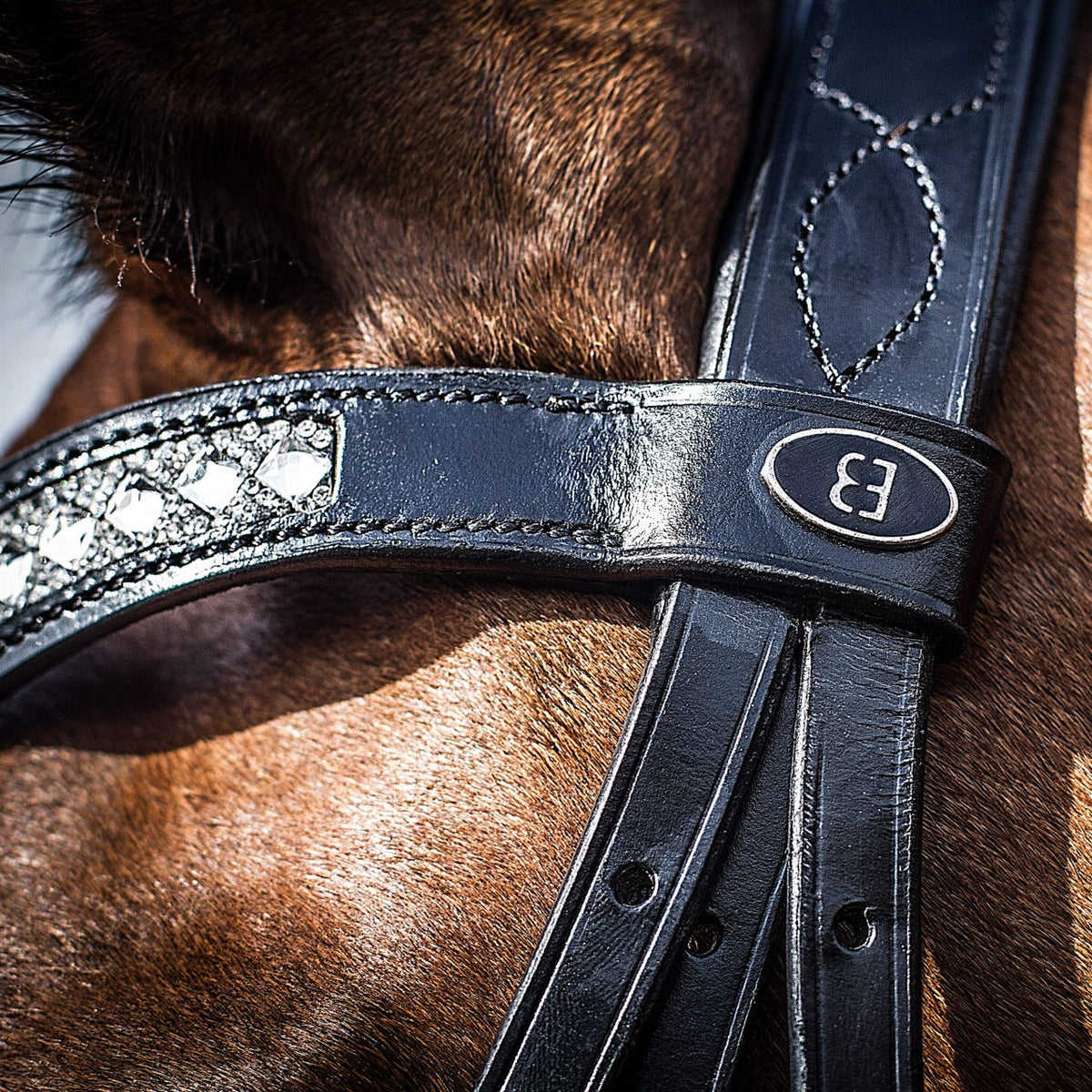 Close up of majesty bridle, showing small logo, stitching detail and diamantes.