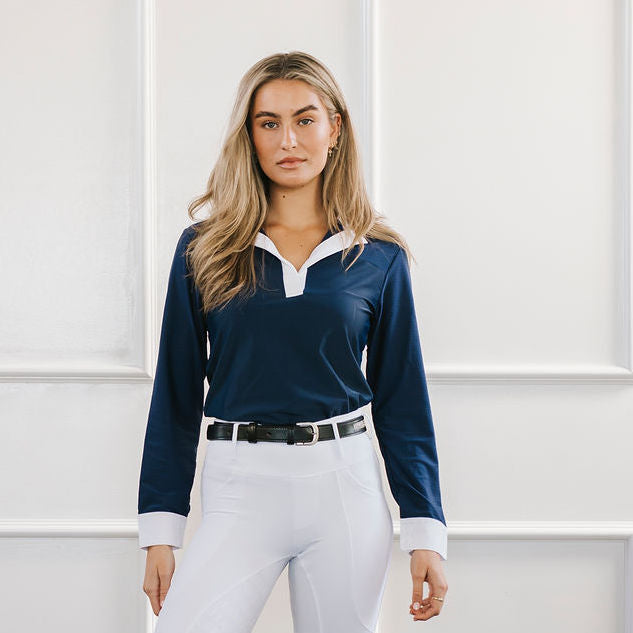 lady wearing Navy Show shirt with white collar and cuffs