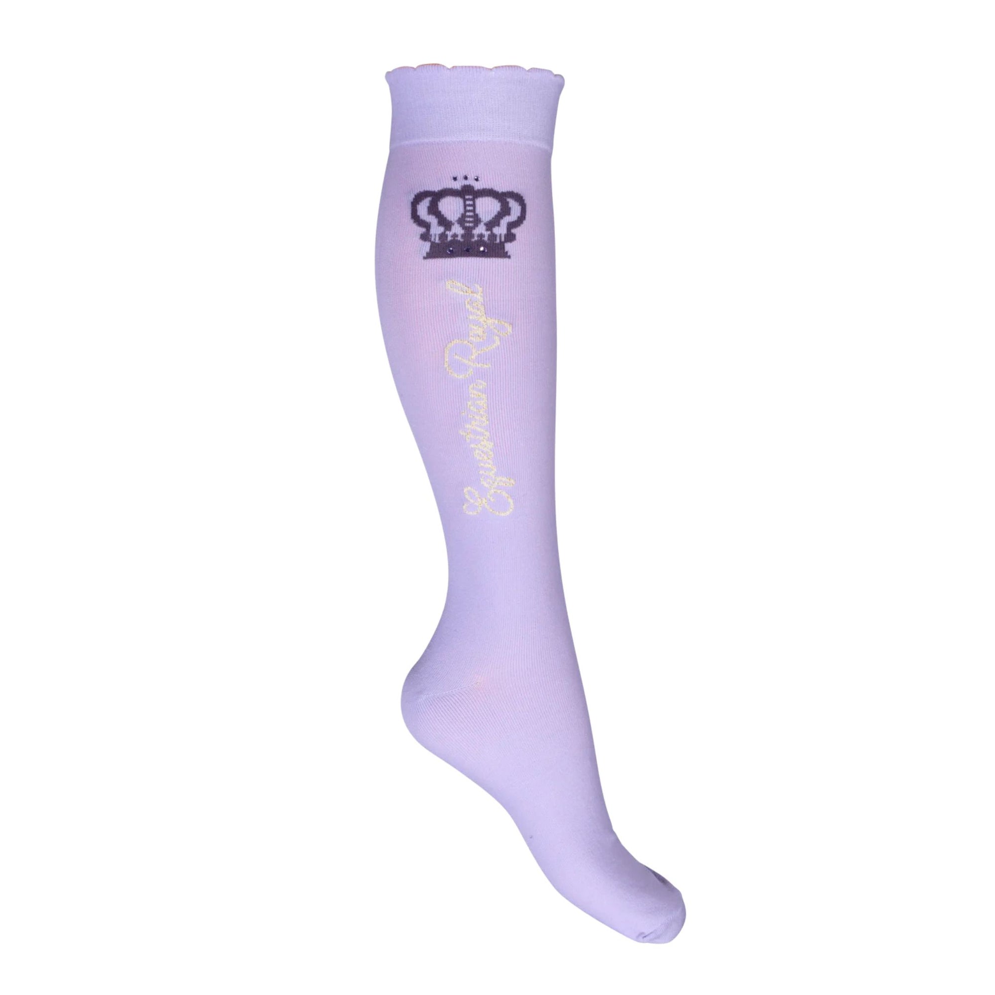 Lavender Bay socks in the colour dark lilac detailing the words "equestrian royal" down the side aswell as a crown and diamantes at the top of the socks.