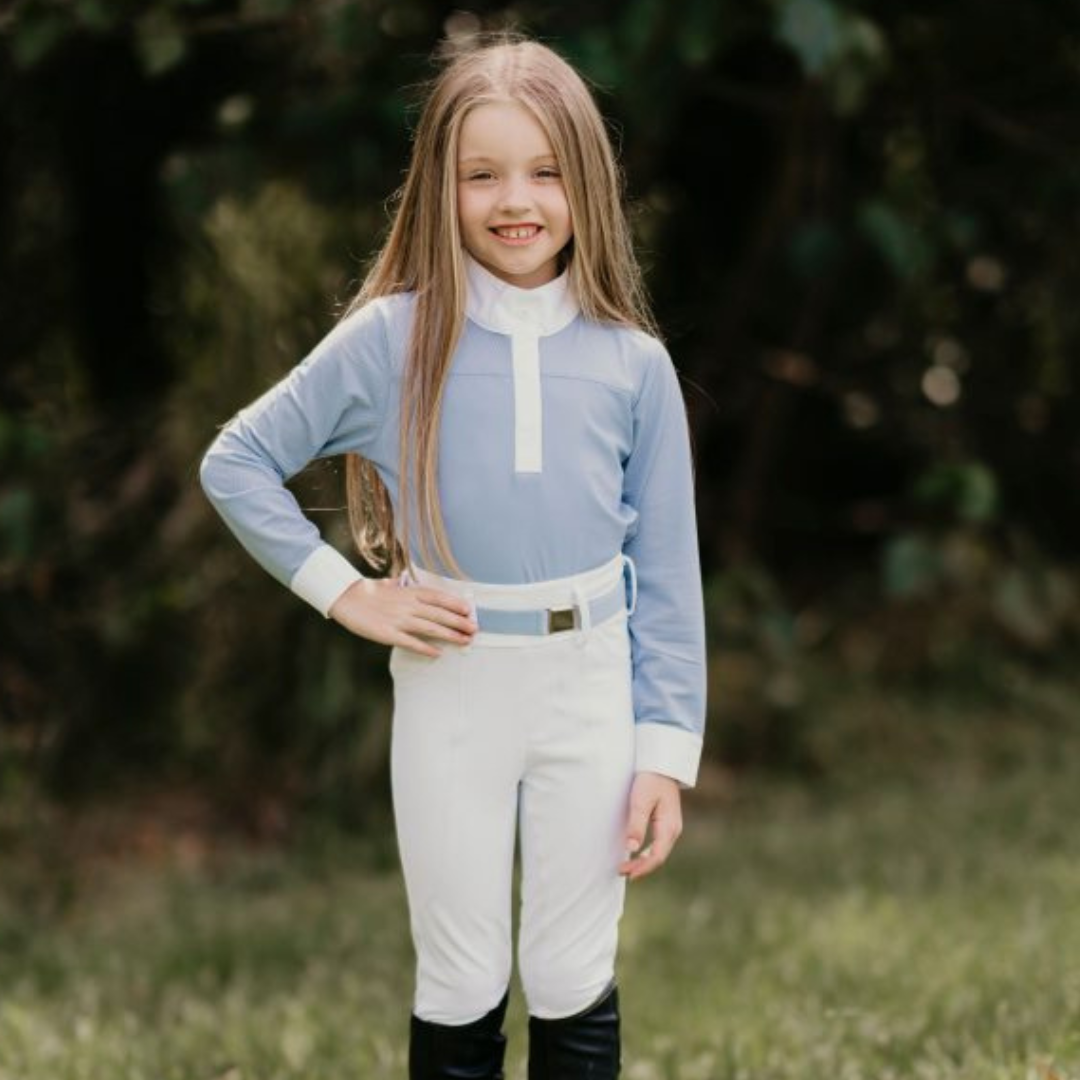white childs competition tights with faux pockets and belt loops