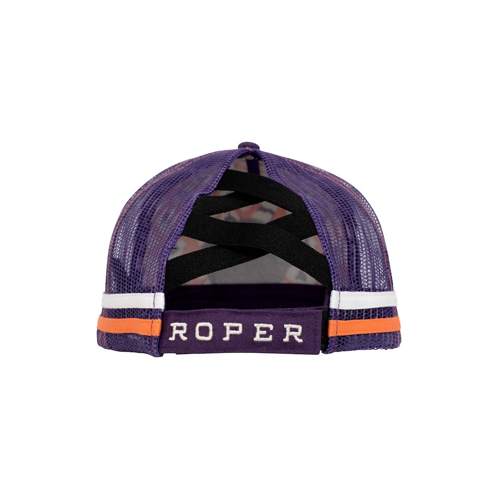 purple cap with elastic back for high pony