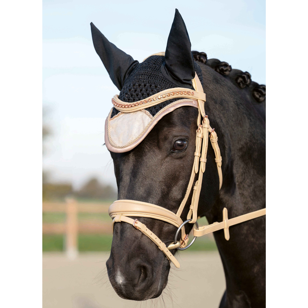 Black horse with cream bridle and black and rose gold ear bonnet