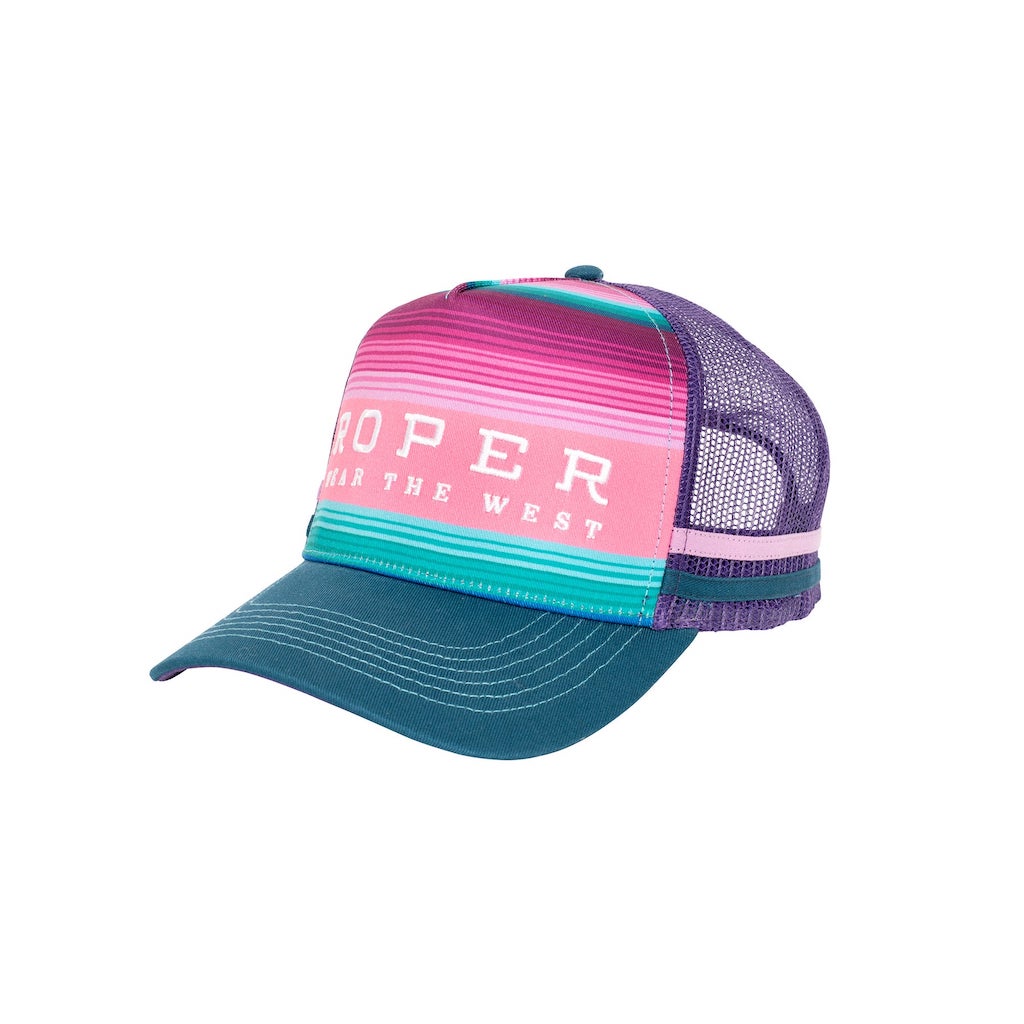 brightly coloured trucker caps with stripes and logo
