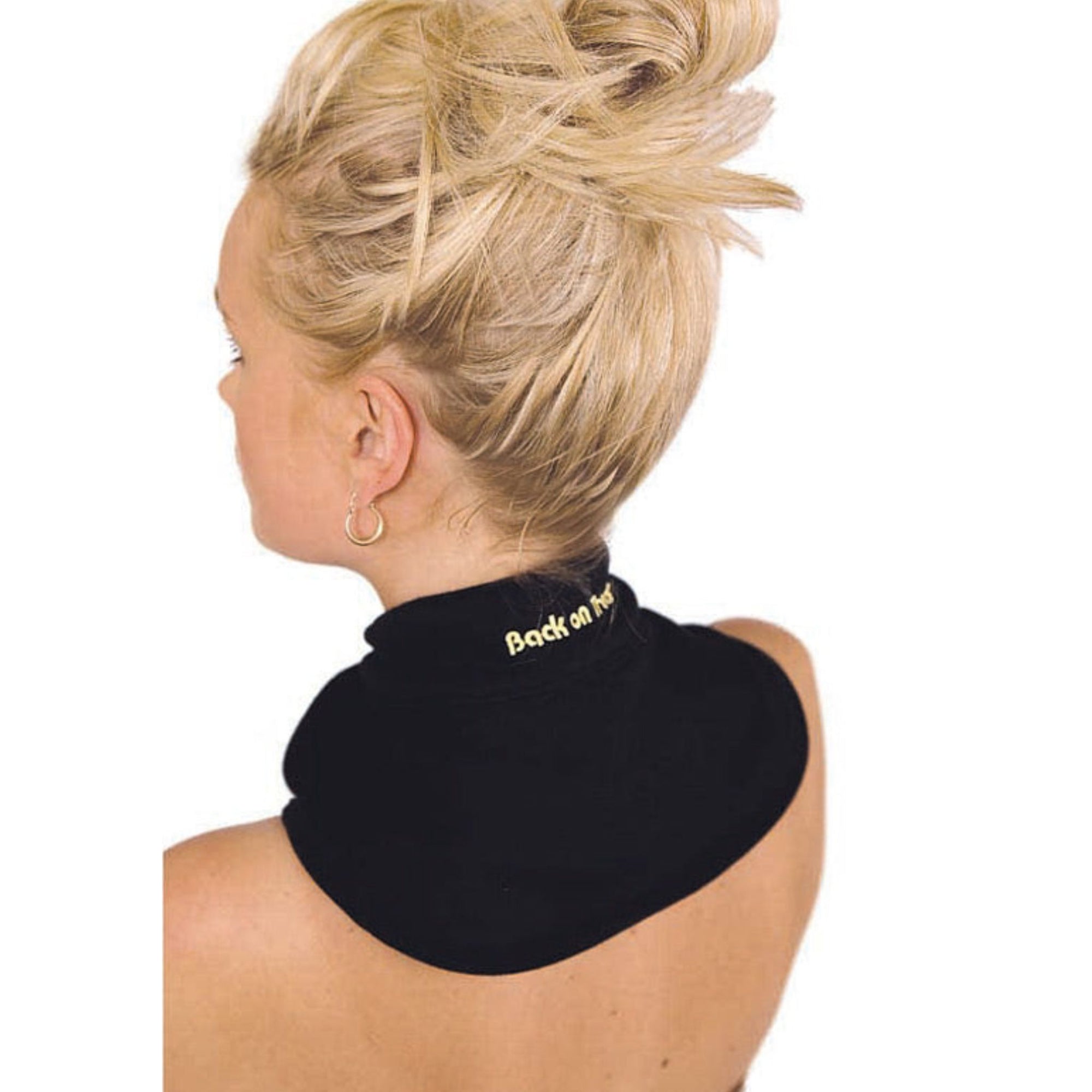 black neck cover with gold embroidered logo. View from the back.