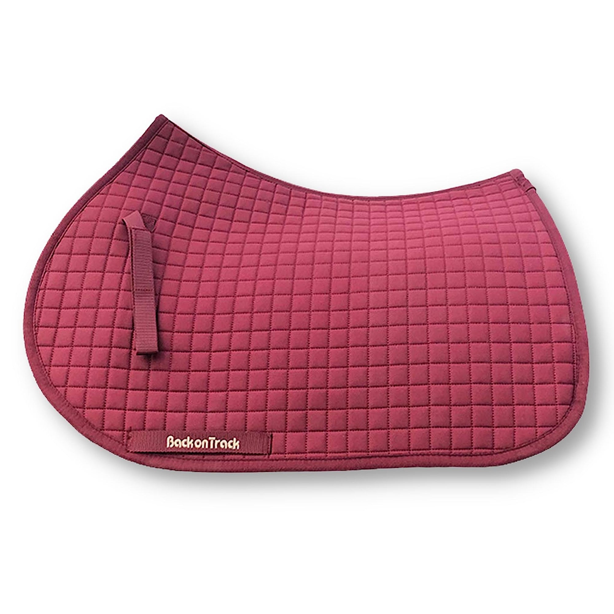 Burgundy, navy, black and white saddle pads with Velcro straps.