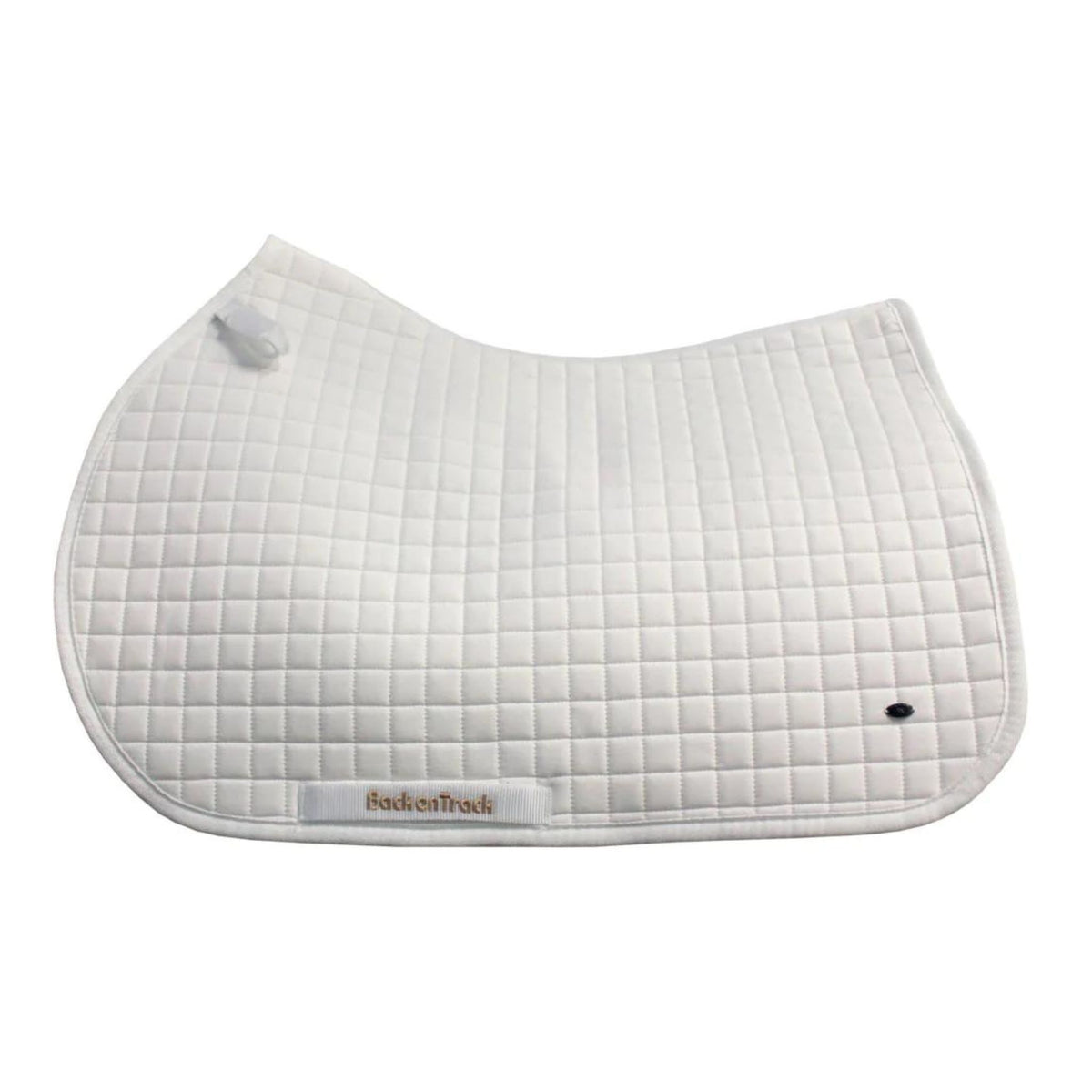 White saddle pad with keepers in a all purpose shape.
