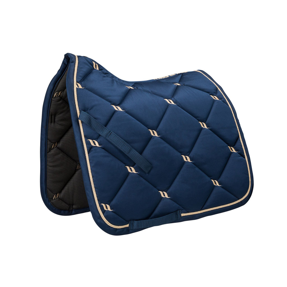 Dressage saddle pad with satin finish and gold details in navy.