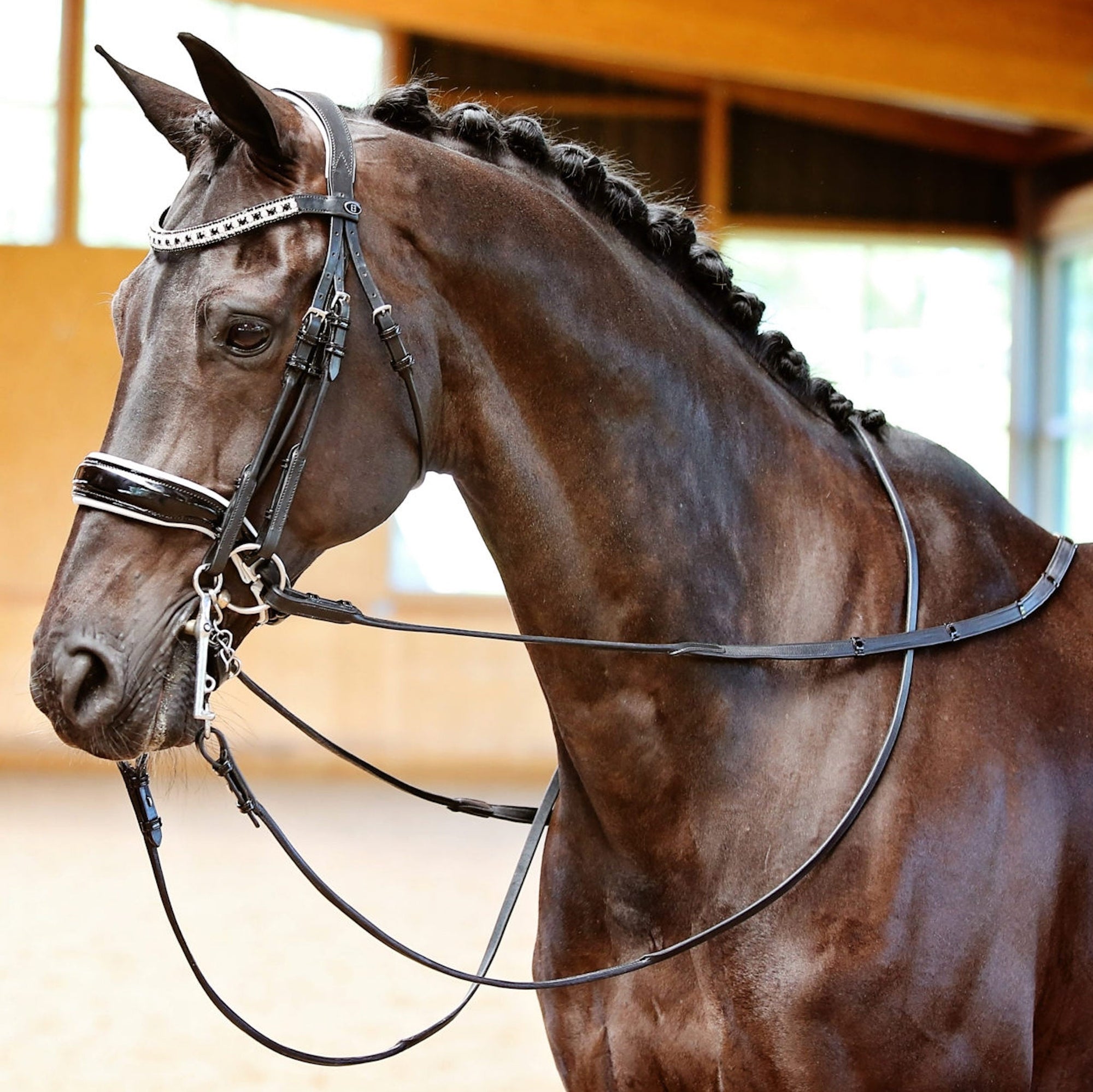 Black leather bridle with a patient leather noseband and white padding 