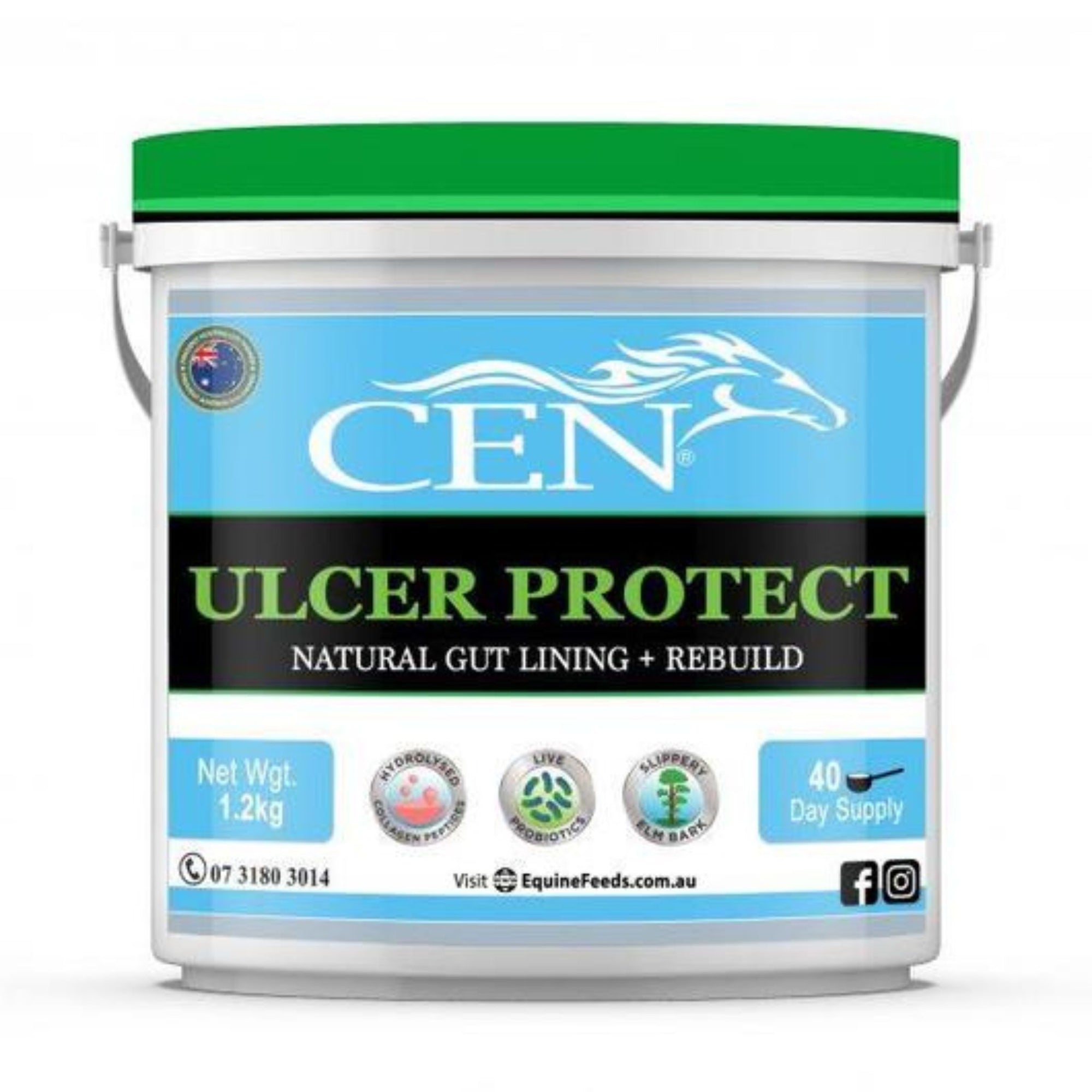 Illustration of CEN Ulcer Protect bucket with handle and green lid.