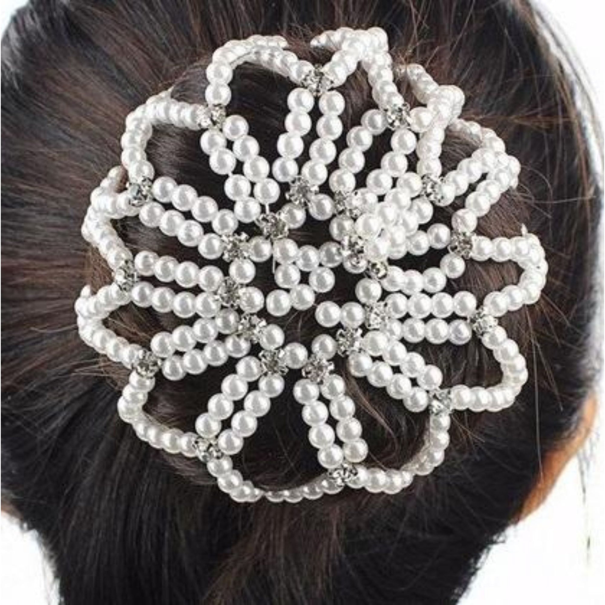 White Diamante Pearl Hairnet In Hair.