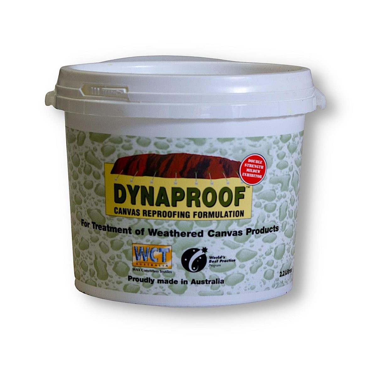 White bucket of &quot;Dynaproof&quot; with sealed lid and large label.
