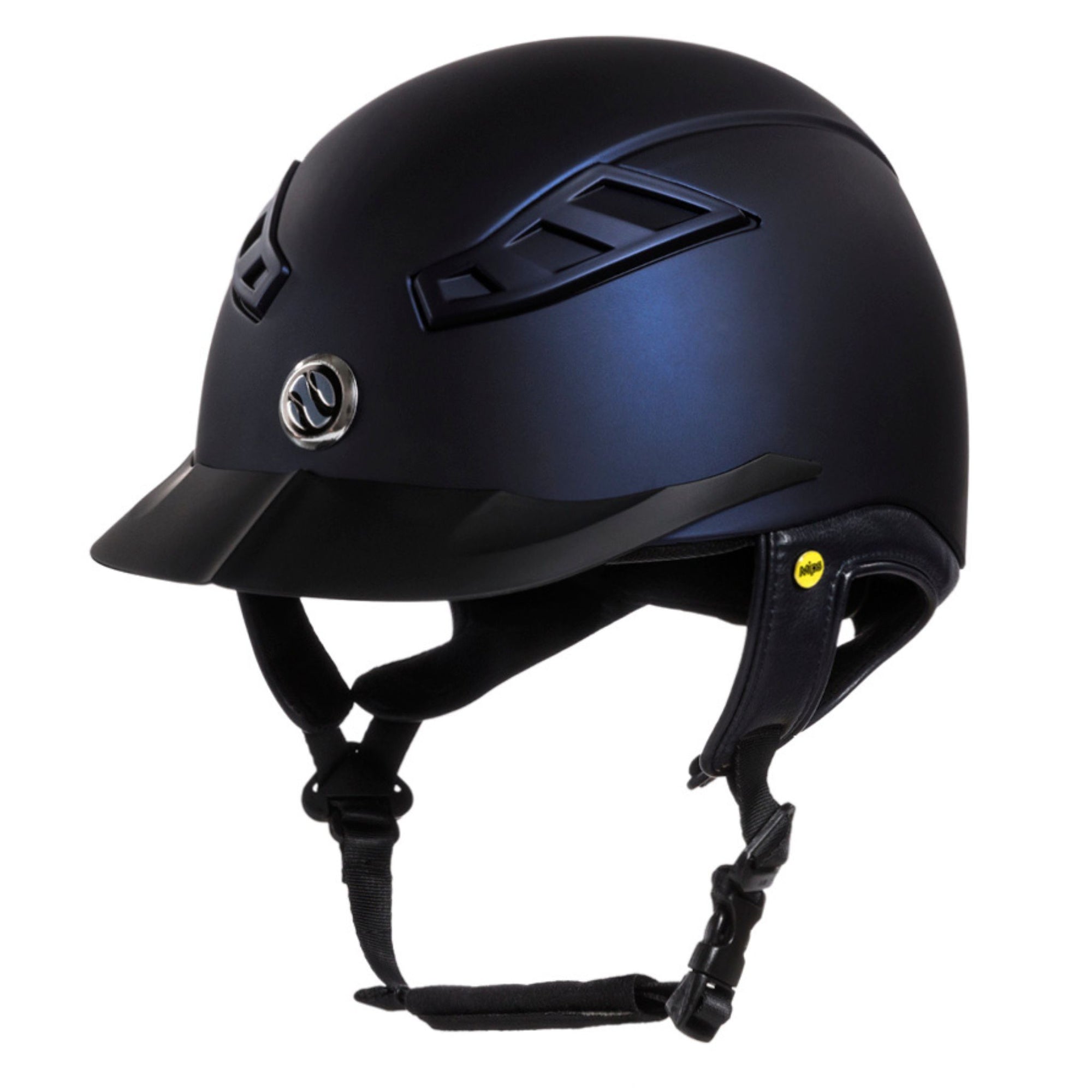 Black helmet with leather ear straps and durable plastic brim.