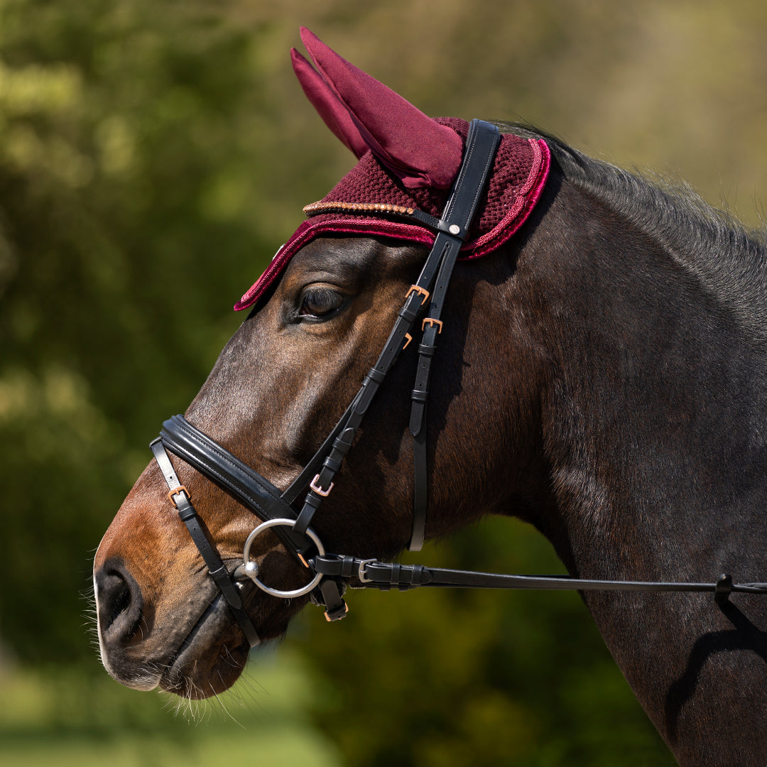 Side view of horse wearing wine red velvet ear bonnet.