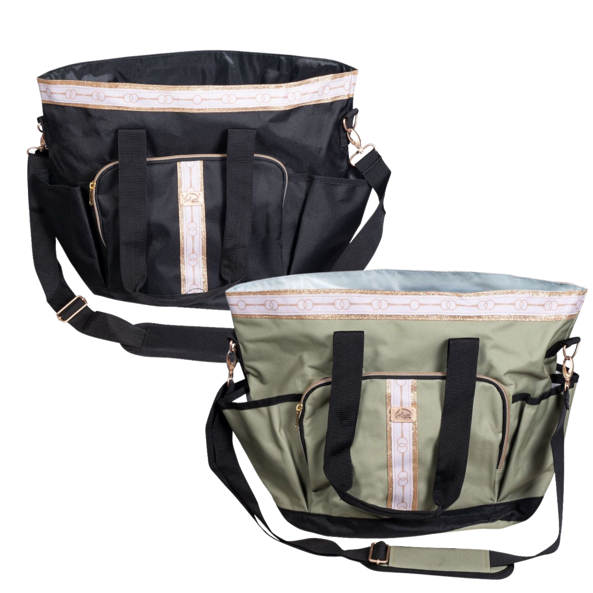 black and green Grooming bags with gold and white trim