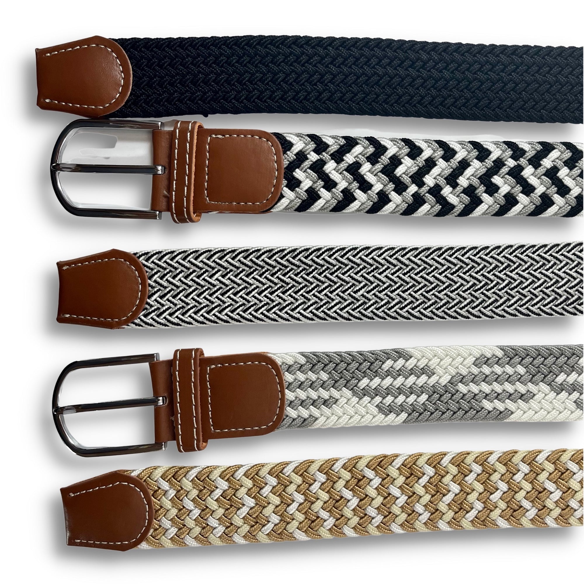 Varying coloured elastic belts, all with silver buckles and brown leather ends.