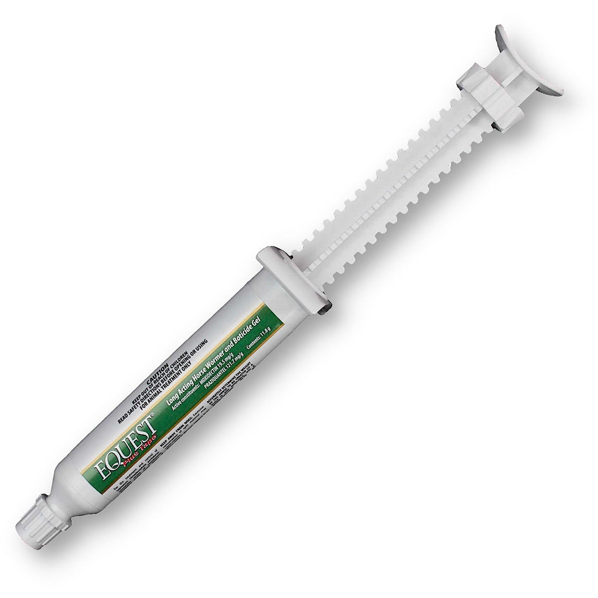 White syringe tube of product with cap on end, and green label.