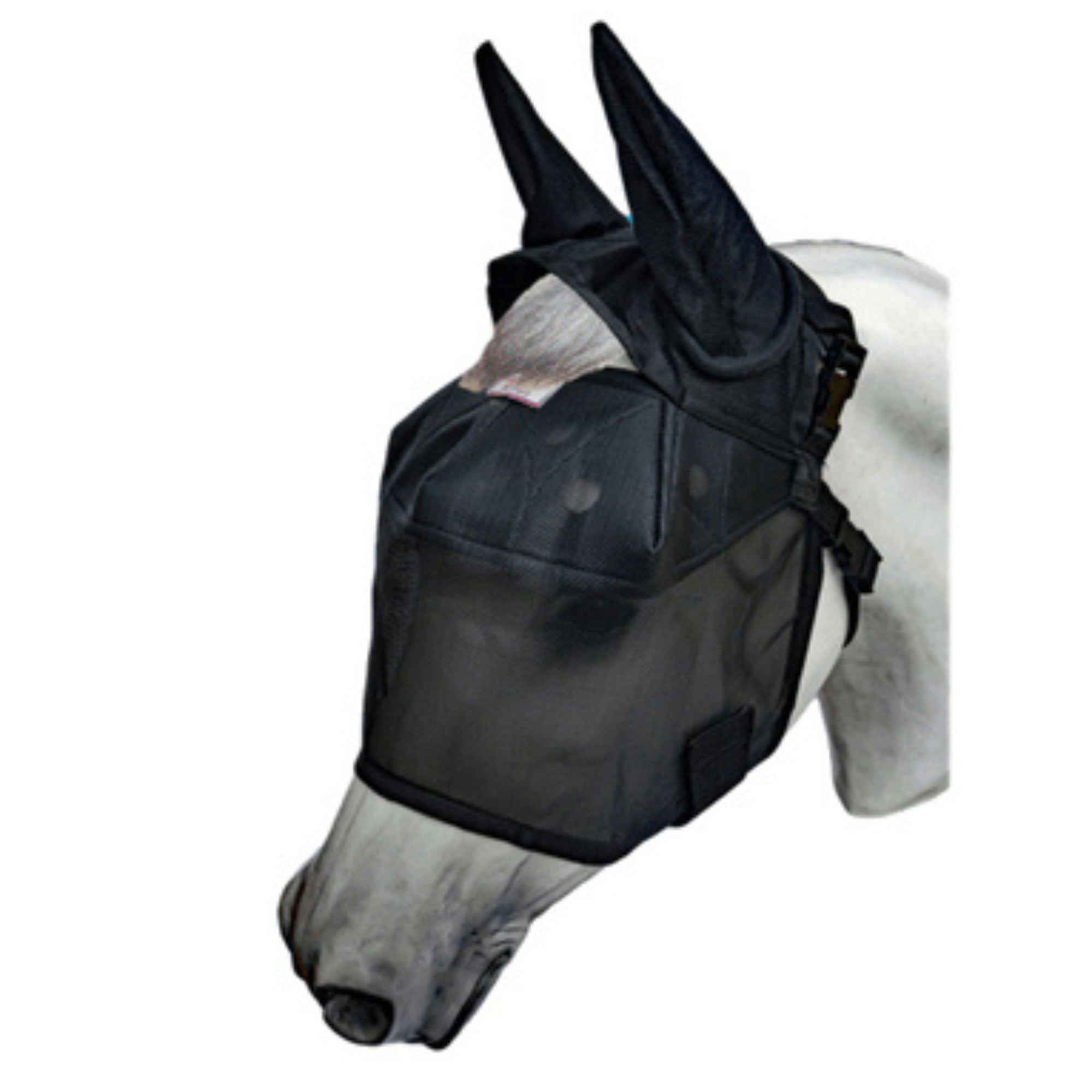 Side view of black fly mask with ear covering and three straps.
