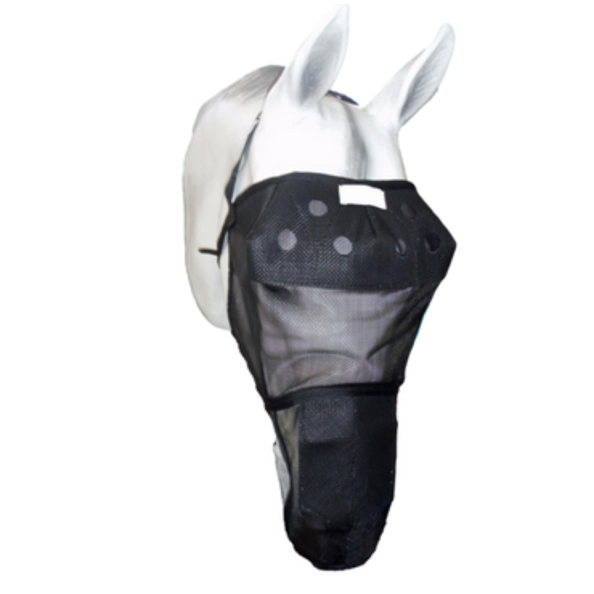 Horse head model wearing black fly mask with nose covering.