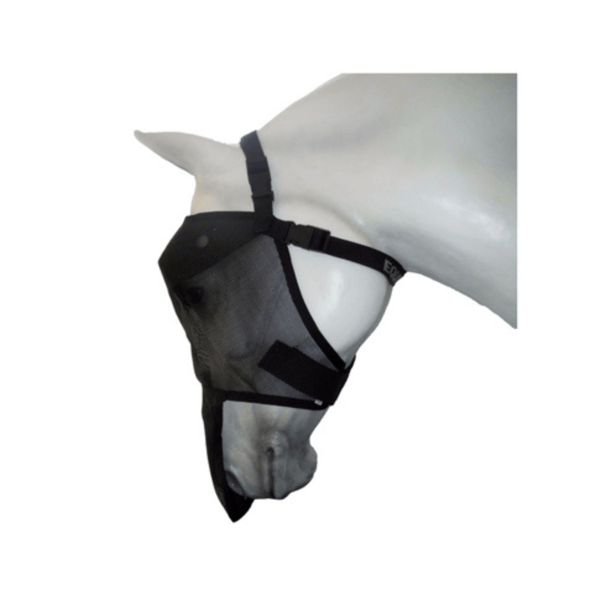 Side view of horse model wearing black fly mask with nose flap.