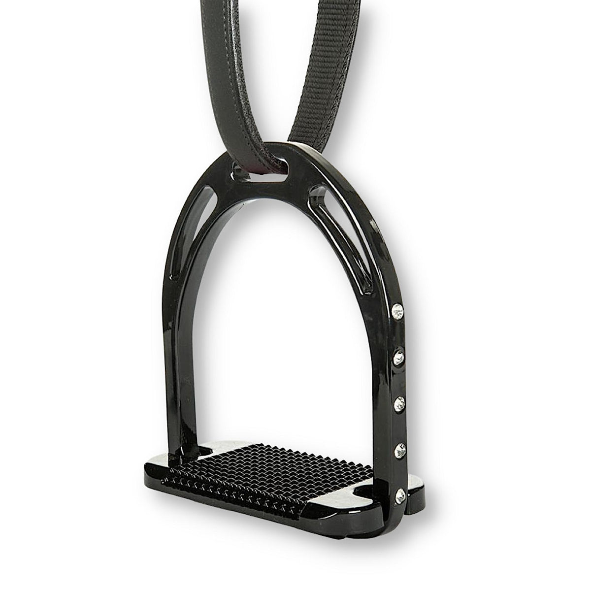 Patent black stirrup with grip tread and clear diamantes on the side.
