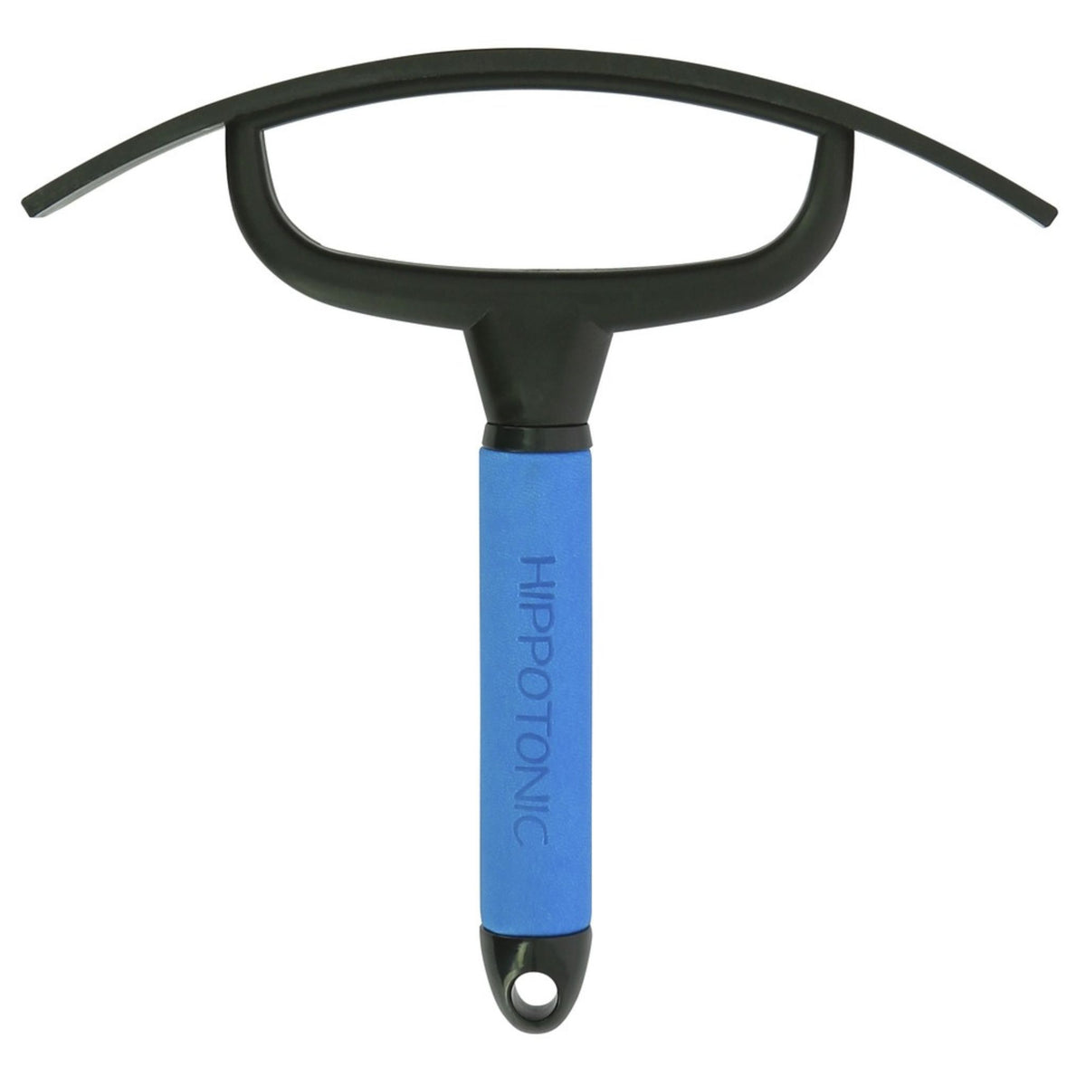 Black sweat scraper with a blue leather handle indented with “Hippotonic”.