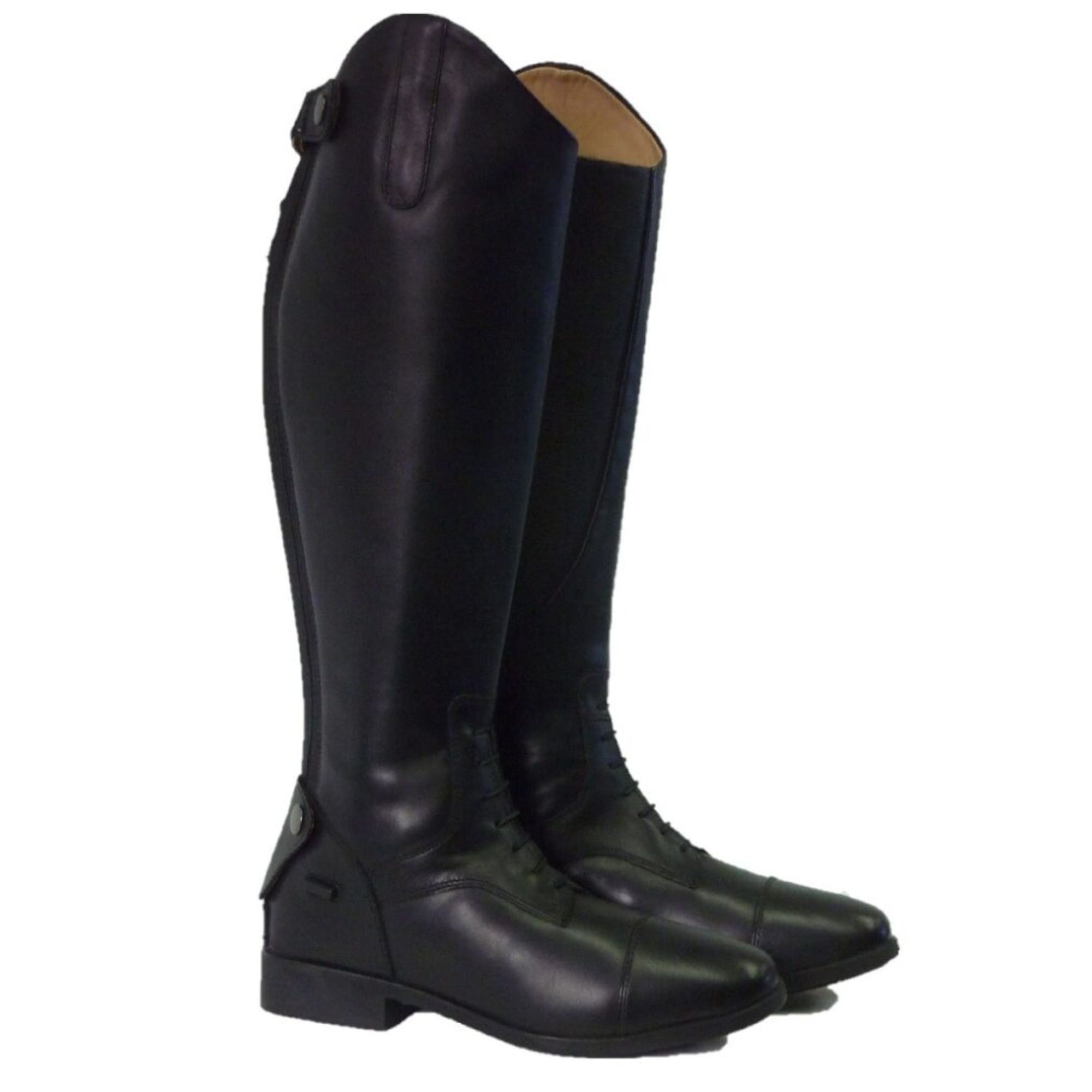 Pair of black leather tall boots with elastic laces on front.