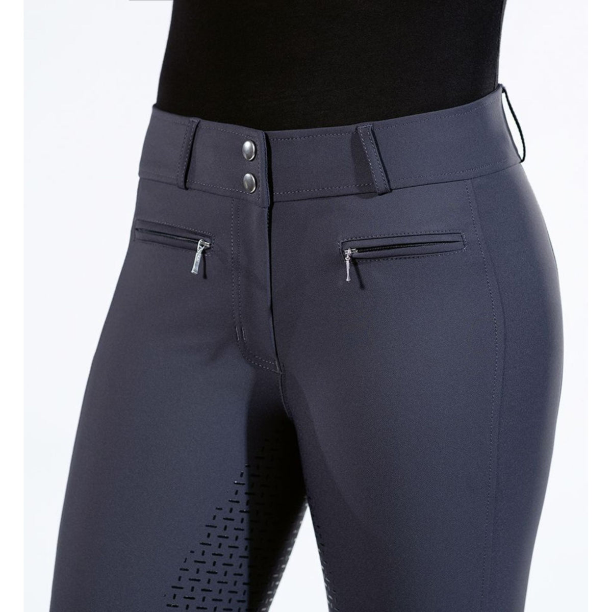 Front details of navy breeches with double buttons and zip pockets.