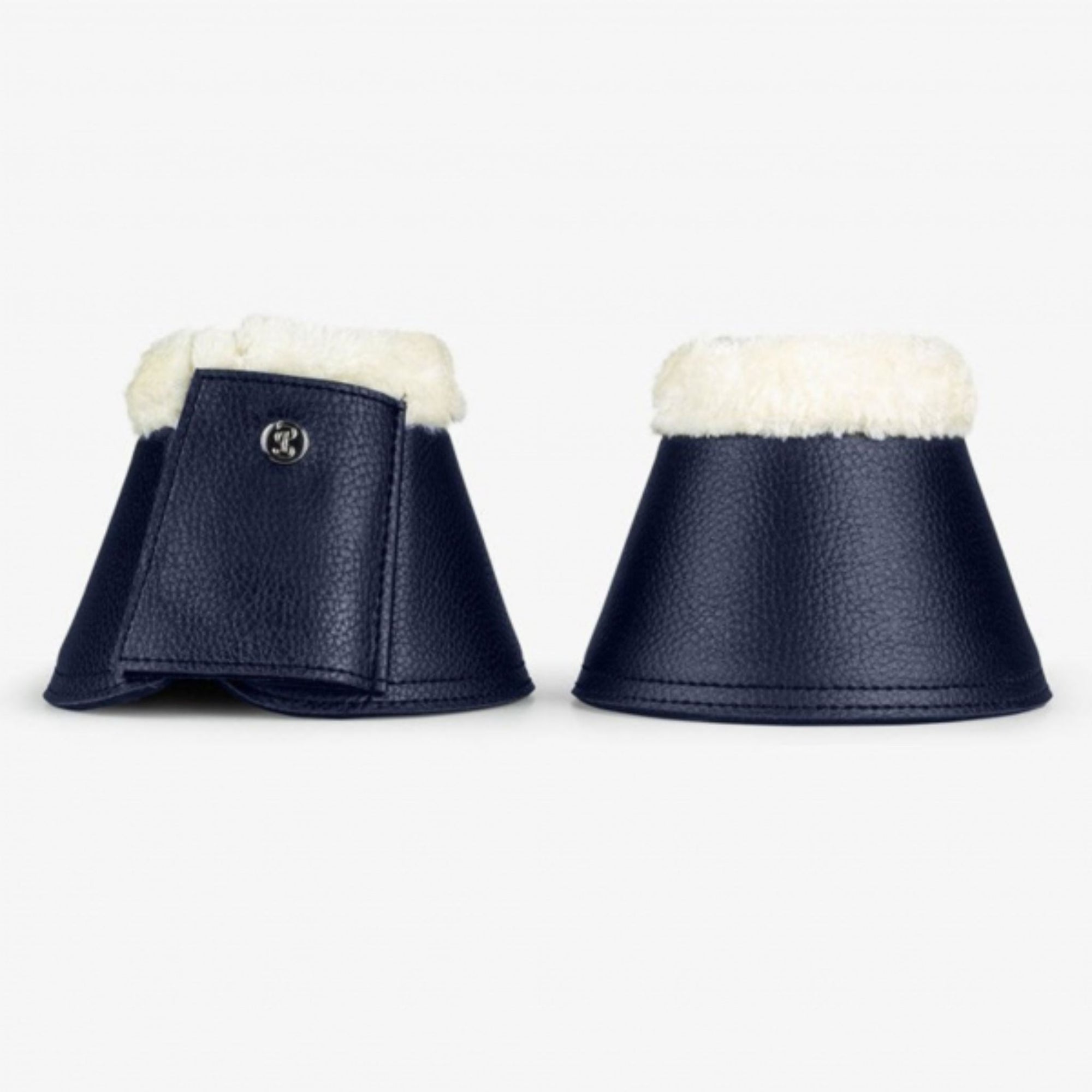 Deep blue bell boots with white fluffy rims and a small silver PSOS logo detailing