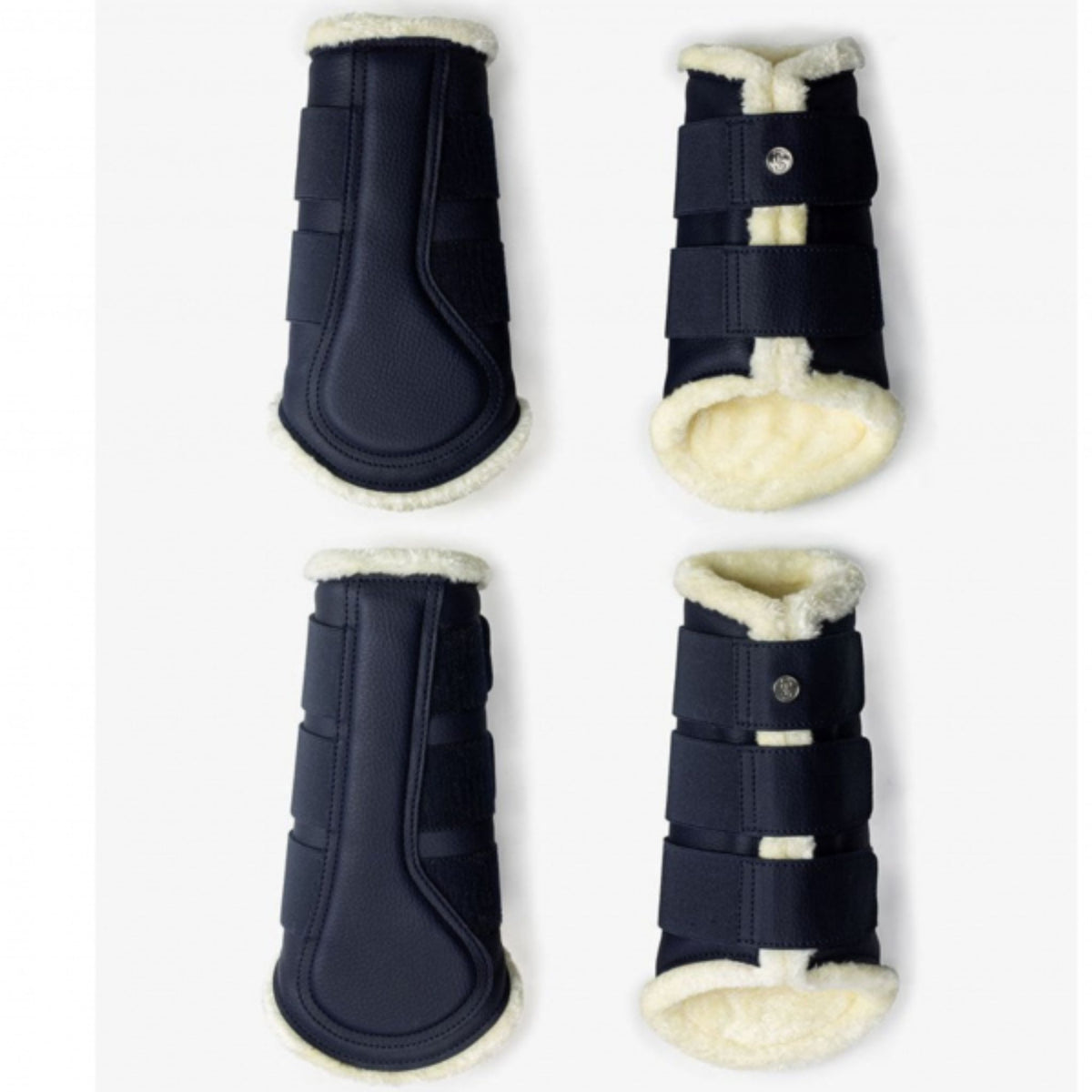 Deep blue brush boots with white inner fluff and a small silver PSOS logo detailing on the top straps