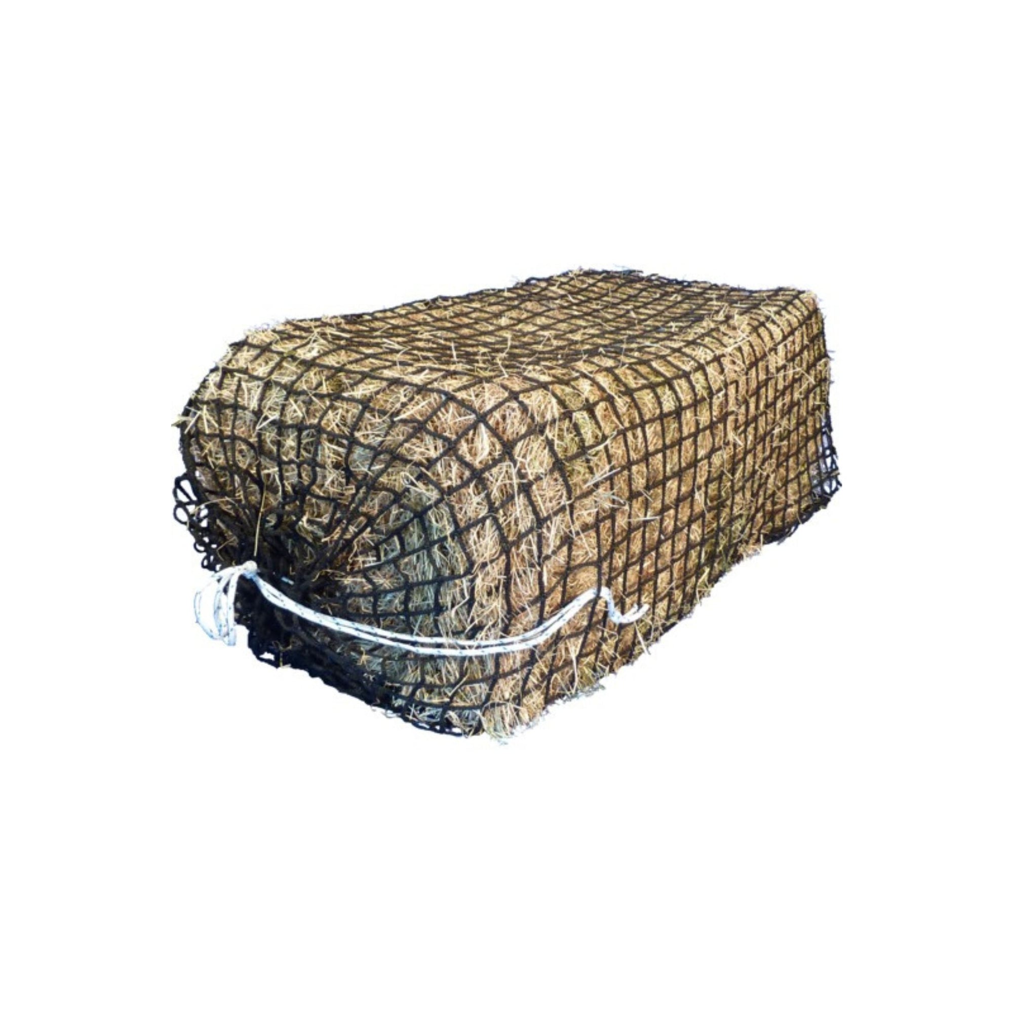Black hay net with white draw string