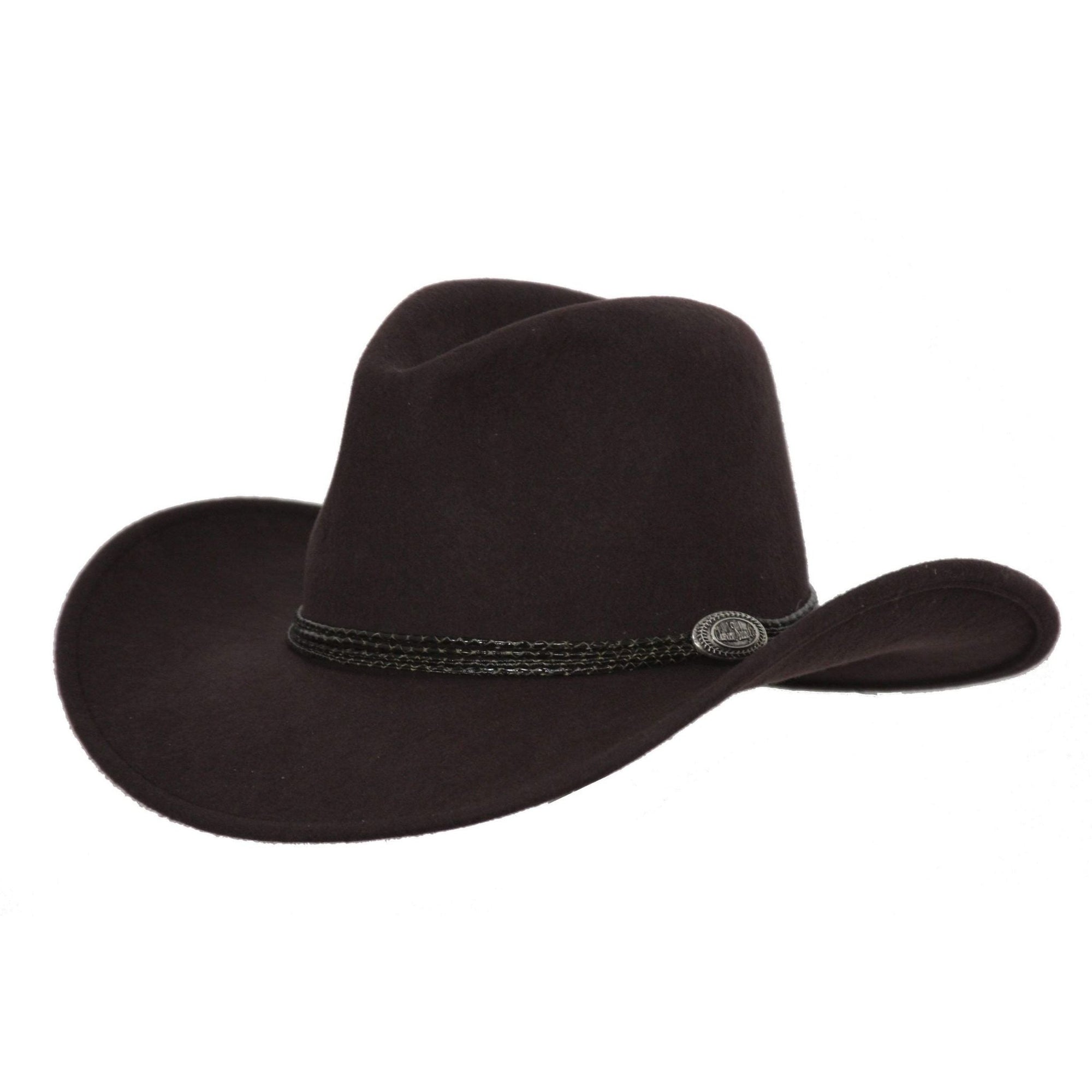 Dark brown western hat with a black plaited leather band and a small silver badge on the left side