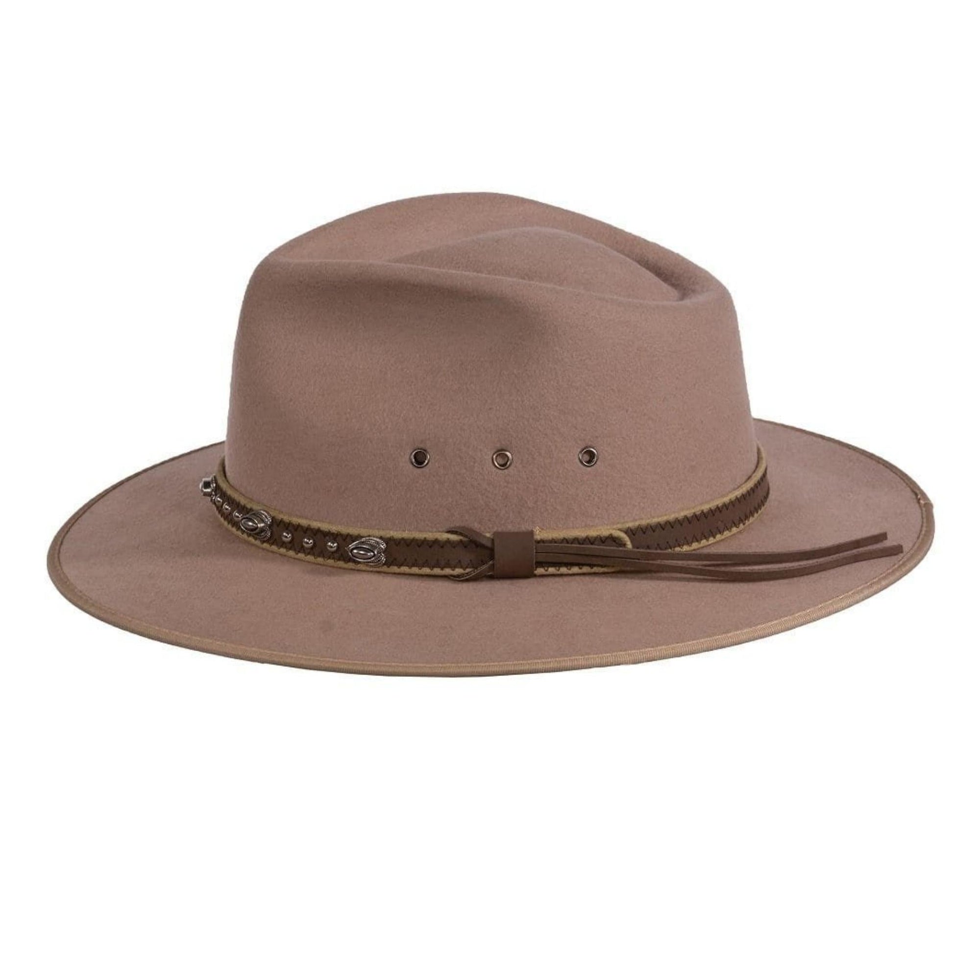 Brown felt hat with brown rope band.