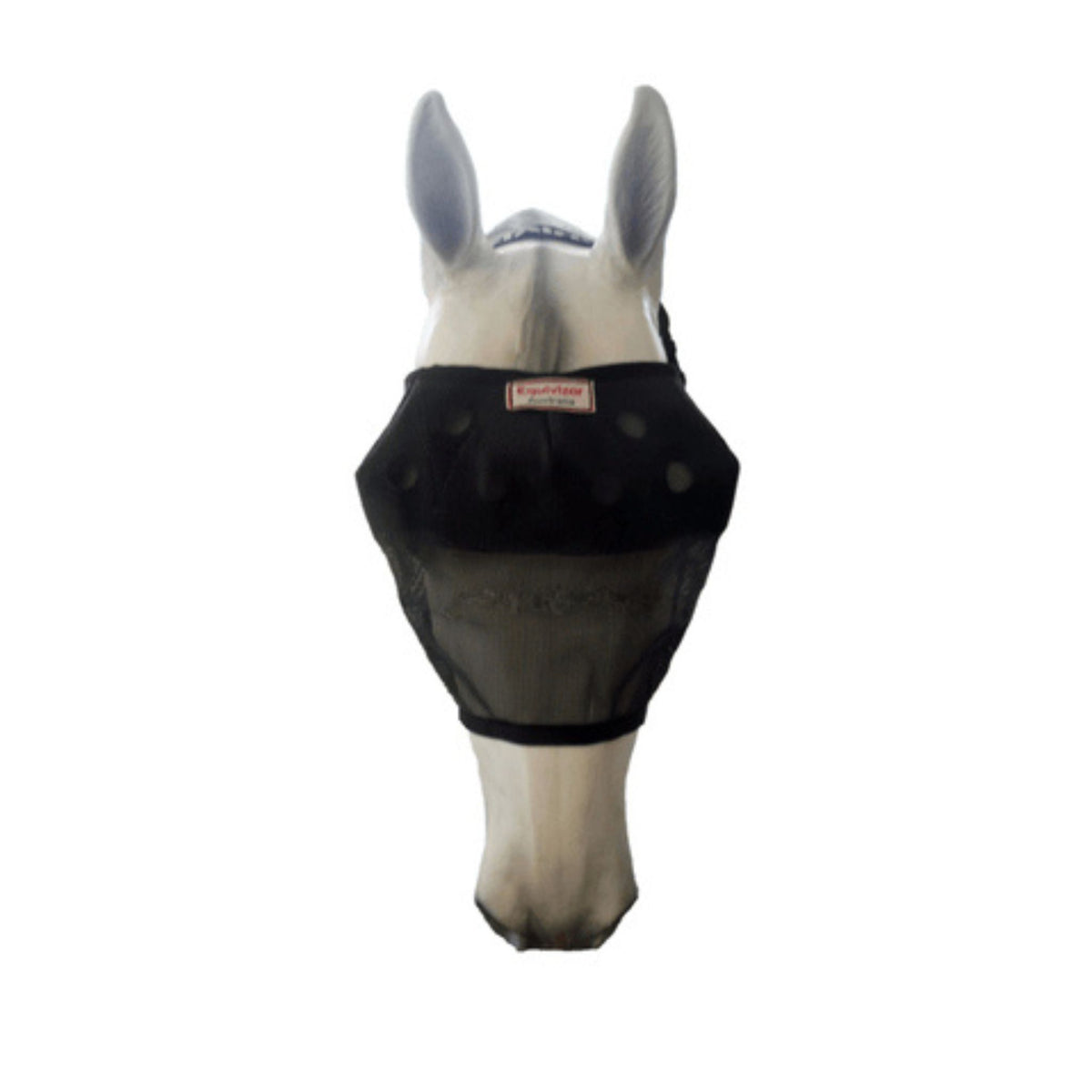 Front view of standard black fly mask on horse head model.