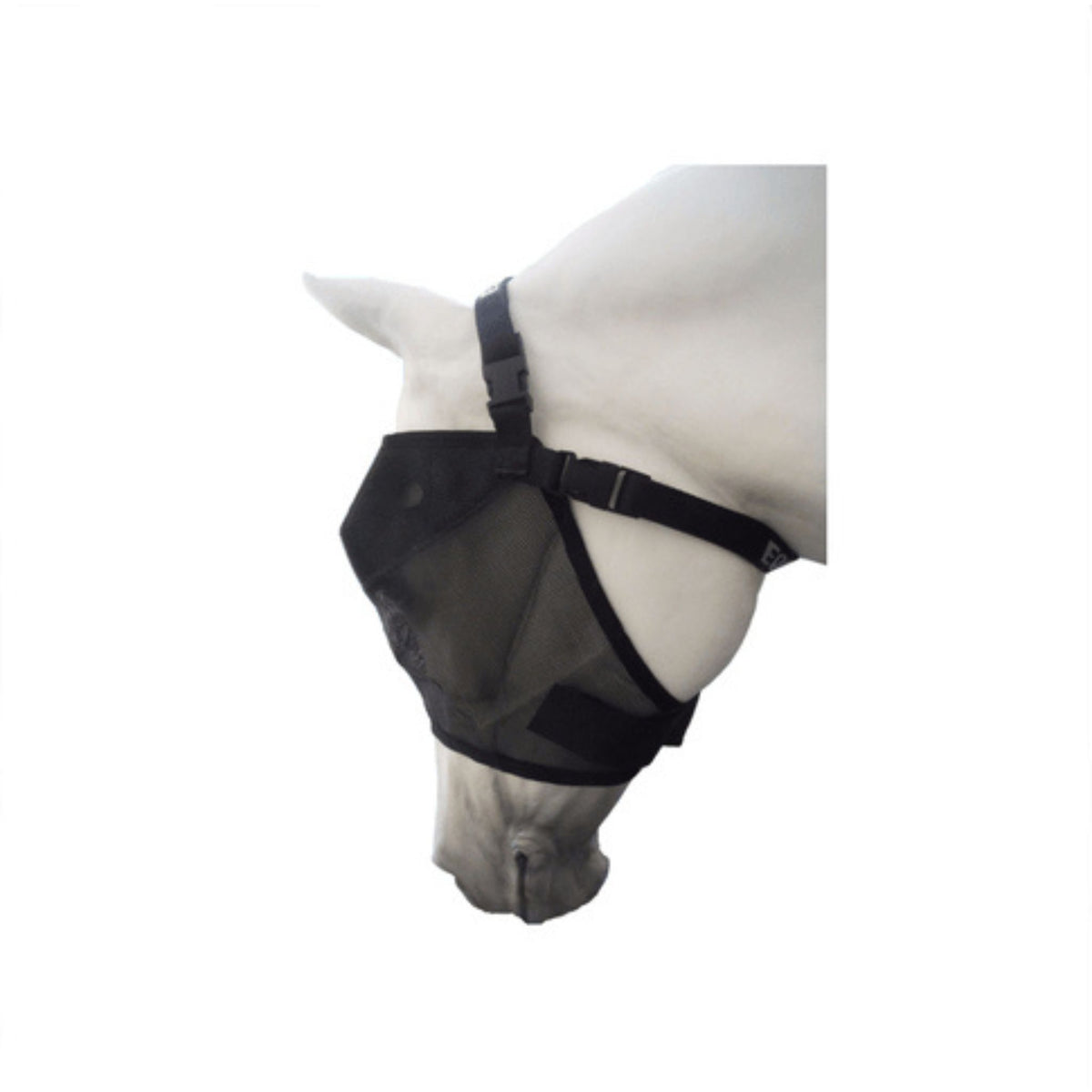 Side view of standard black fly mask with clips and velcro.
