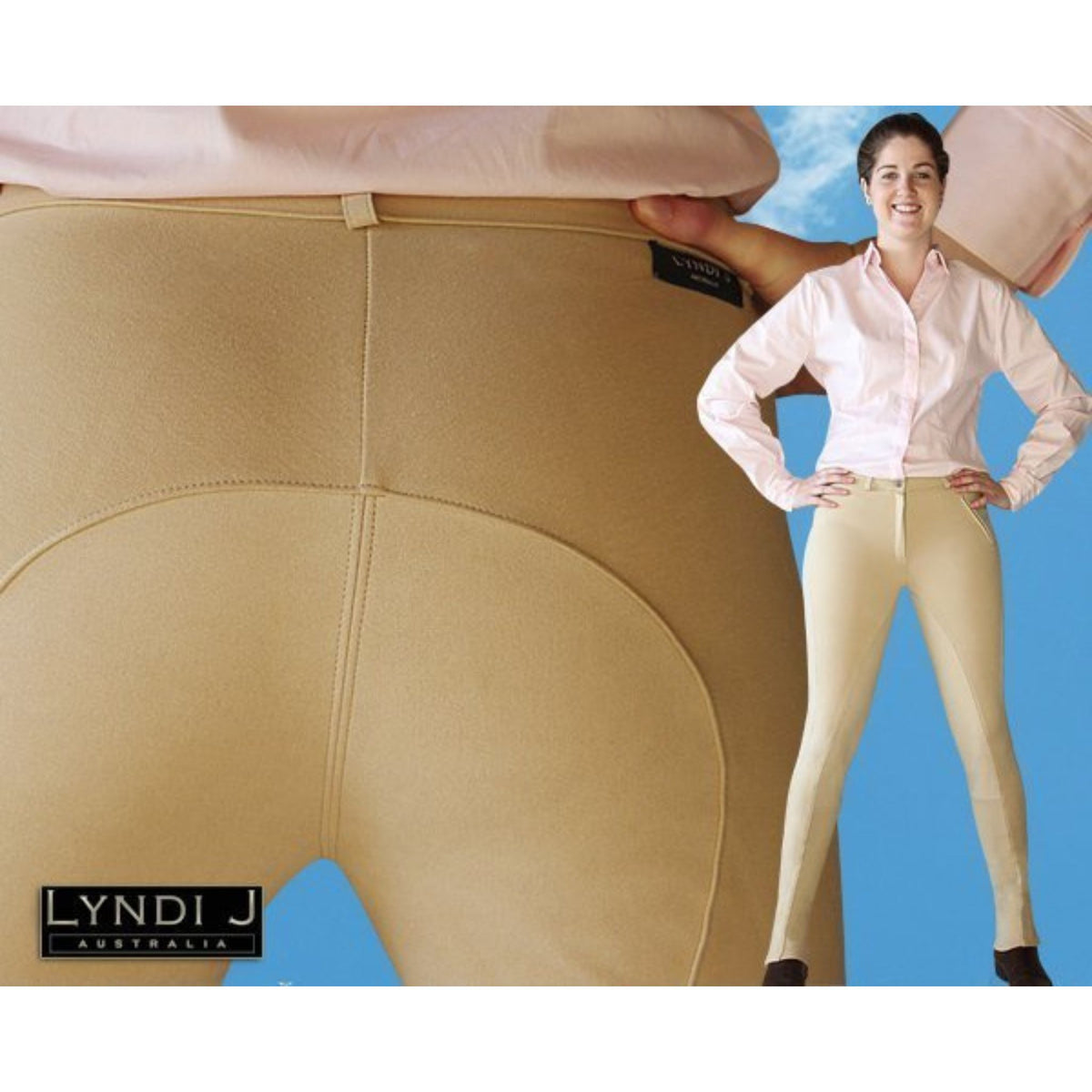 Lady wearing beige jodhpurs with image of grip seat as background.
