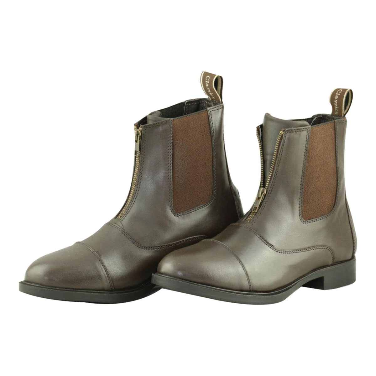 Zip front brown jodhpur boots with pull tabs at back.