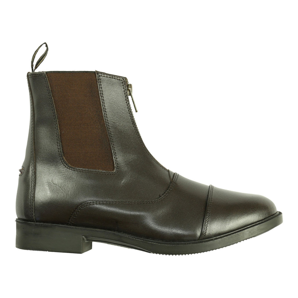 Side view of zip front jodhpur boots in brown leather.