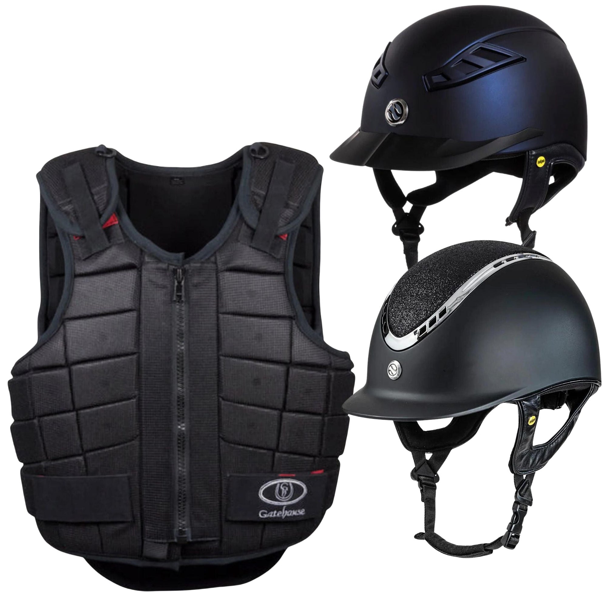 Gatehouse body protector, a lynx navy helmet and a blingy black pardus helmet