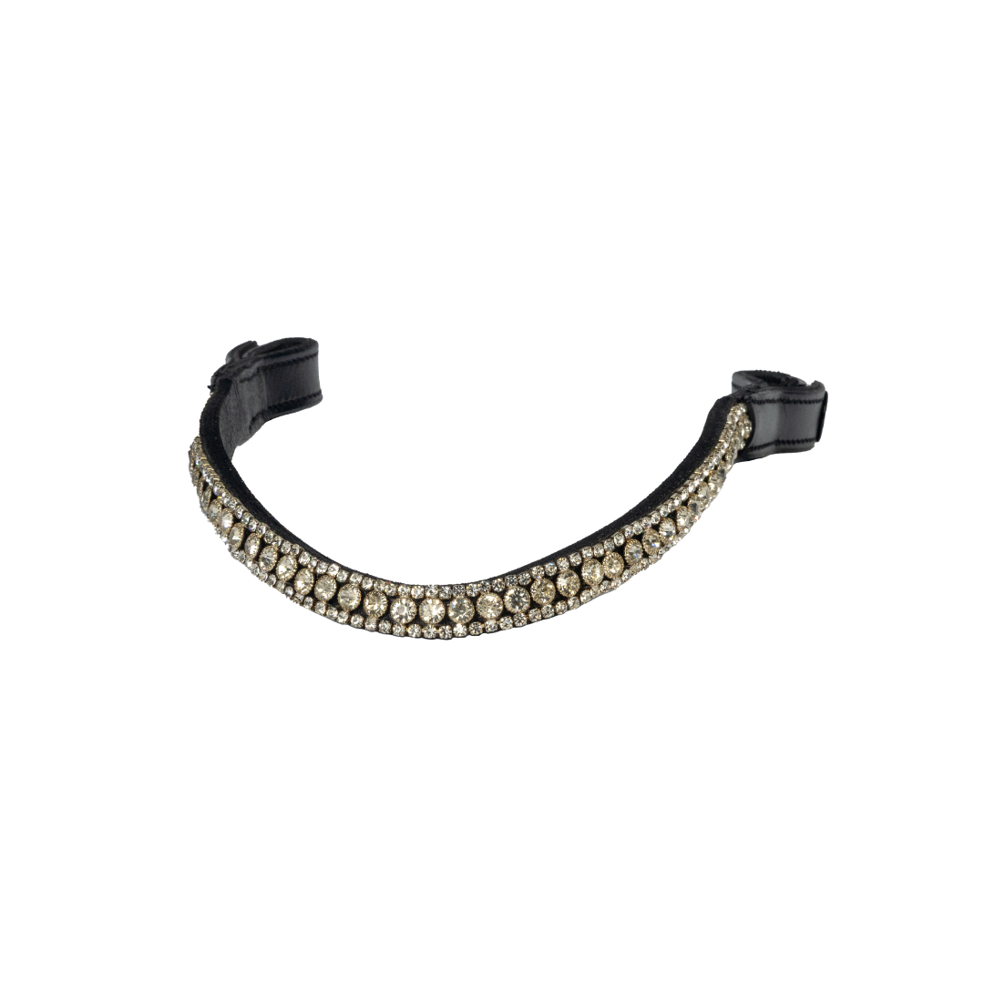 Black leather brow band with three rows of clear crystals 