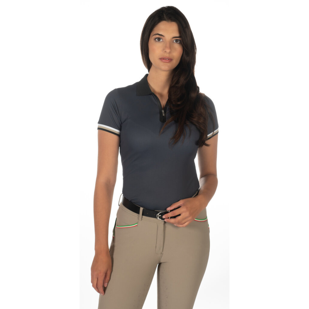 Blue Amalfi polo shirt by Lauria Garrelli, breathable, tailored fit, zip on collar.