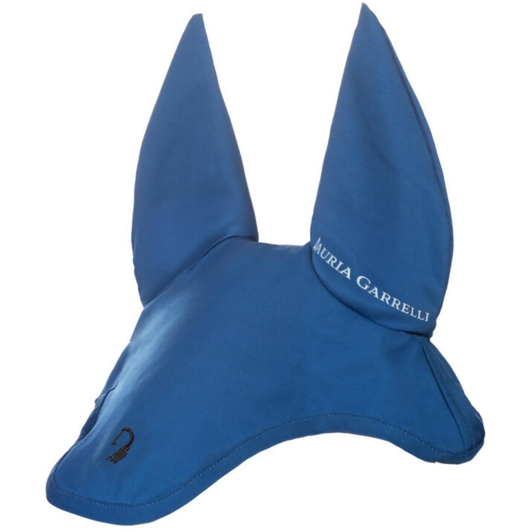 Blue ear bonnet, fly hood by Lauria Garrelli. Protects from insects.