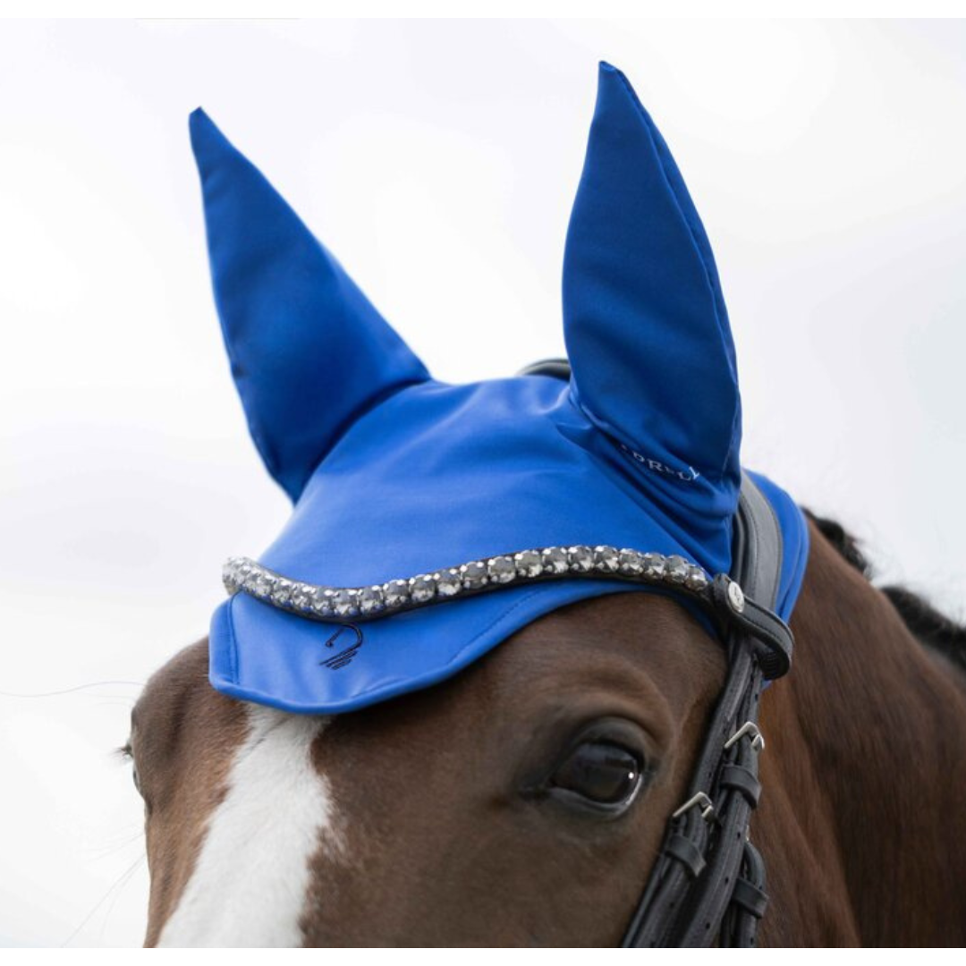 Blue ear bonnet, fly hood by Lauria Garrelli. Protects from insects.