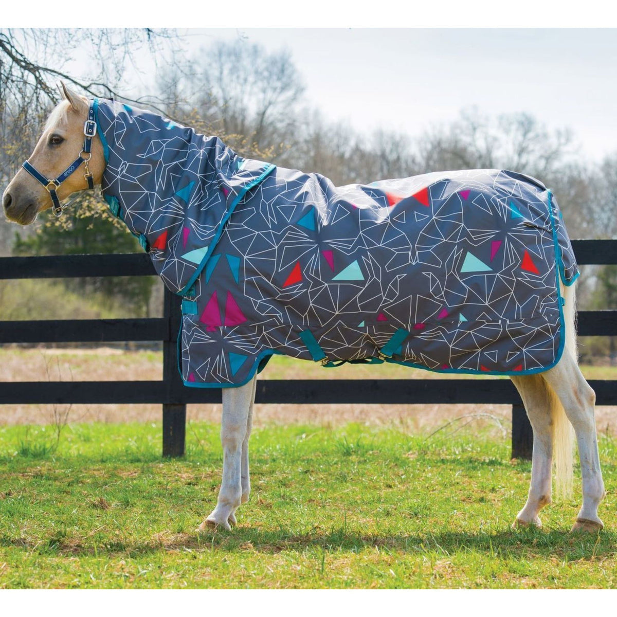 Grey rug with a horse origami pattern and teal trim