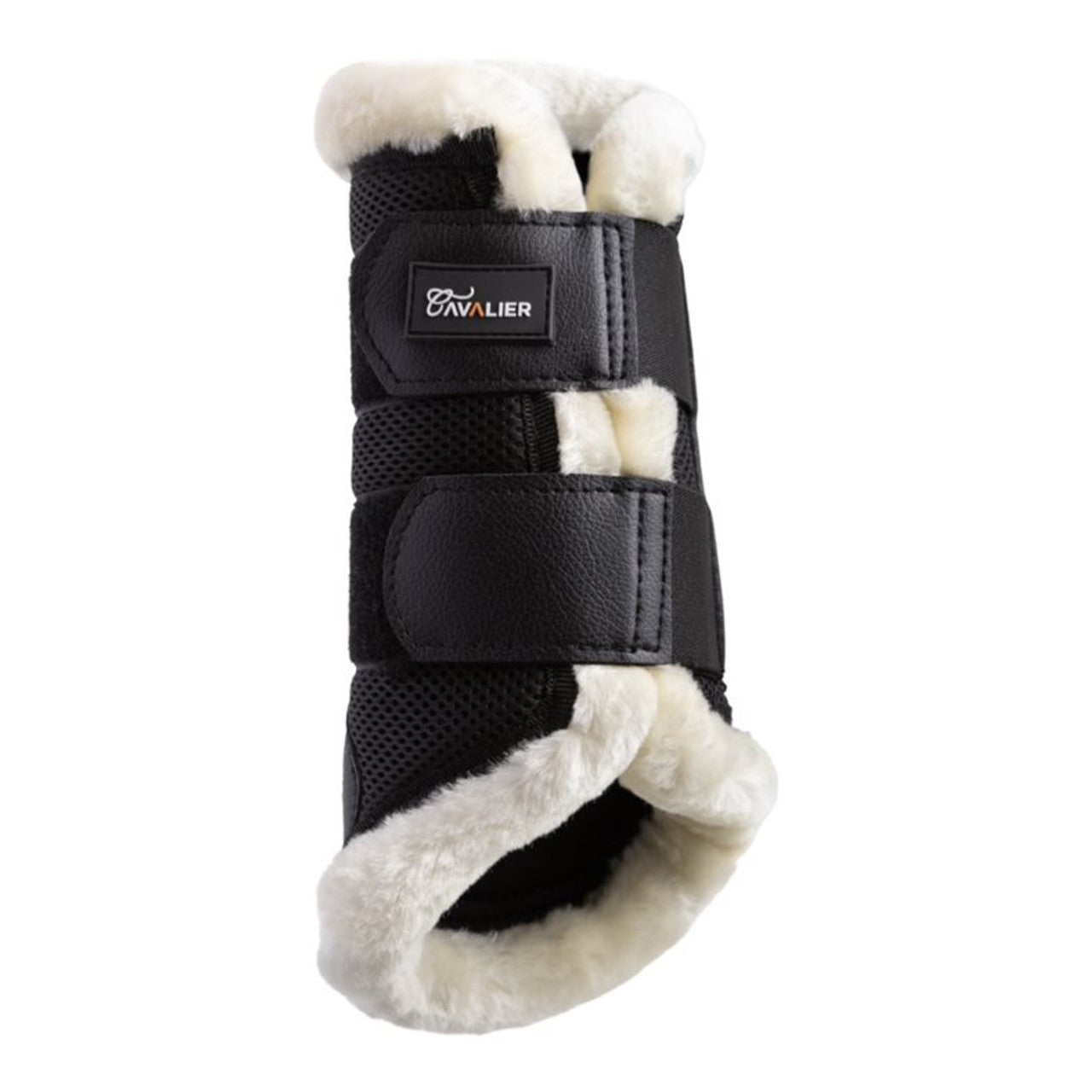 white and black horse boots with fluffy lining and mesh fabric