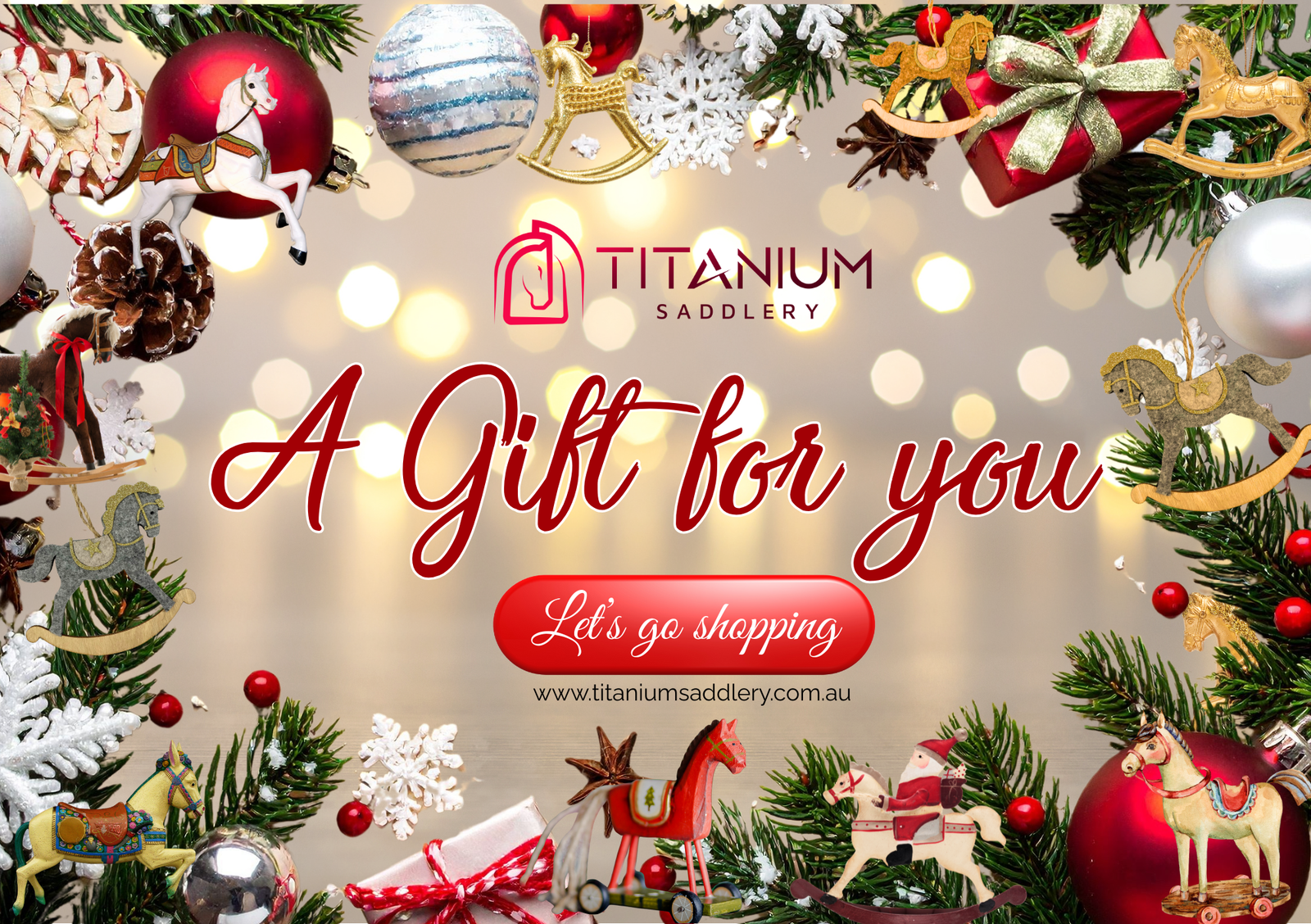 A gift voucher from 'Titanium Saddlery' featuring an image of a horse with a Lady, and text that reads 'A Gift for You' along with a website URL.