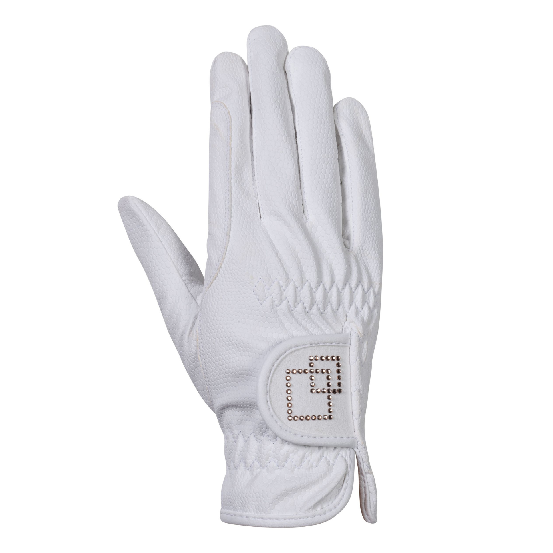 white competition gloves with rose gold diamonds