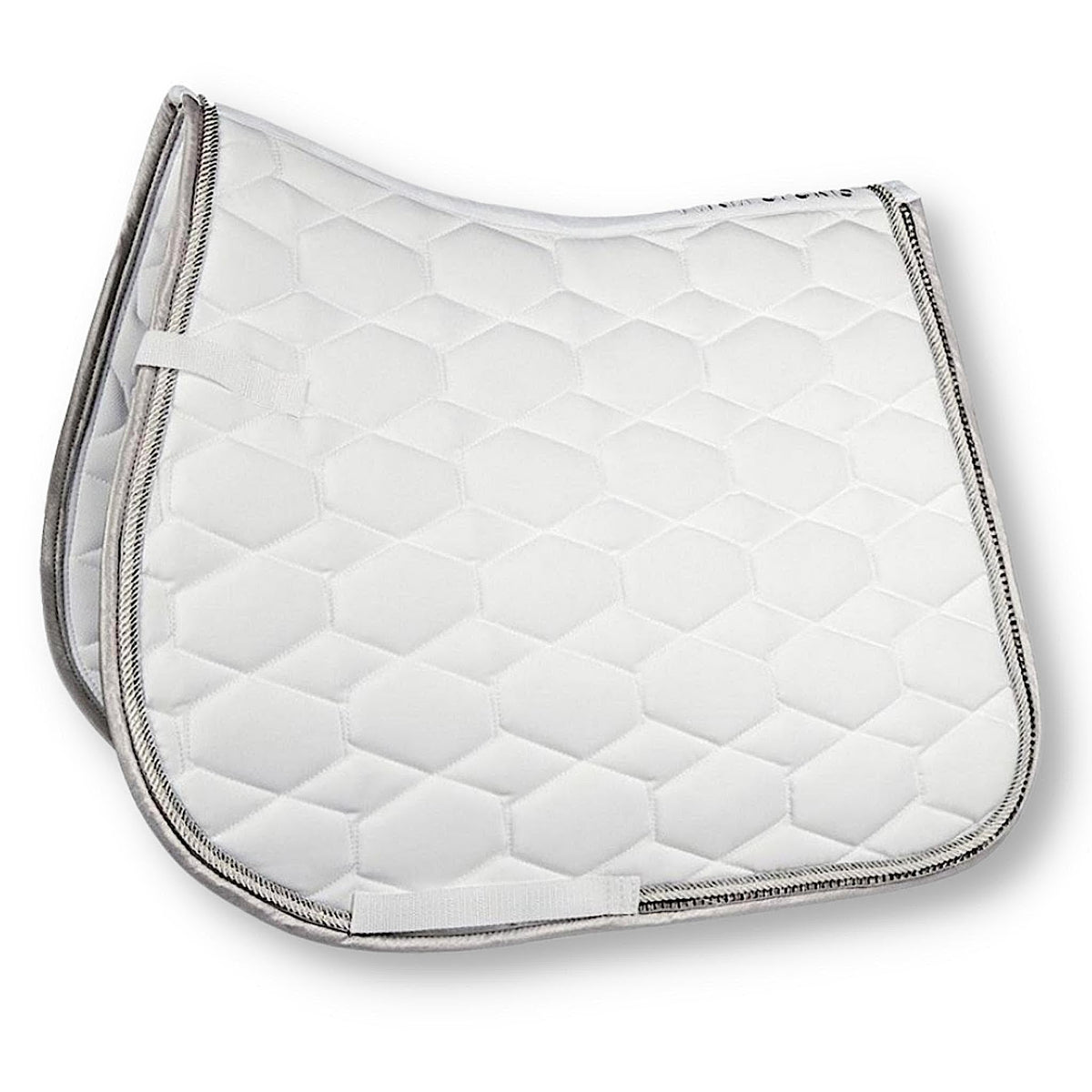 White dressage saddle pad with white keepers and clear diamante row trim.