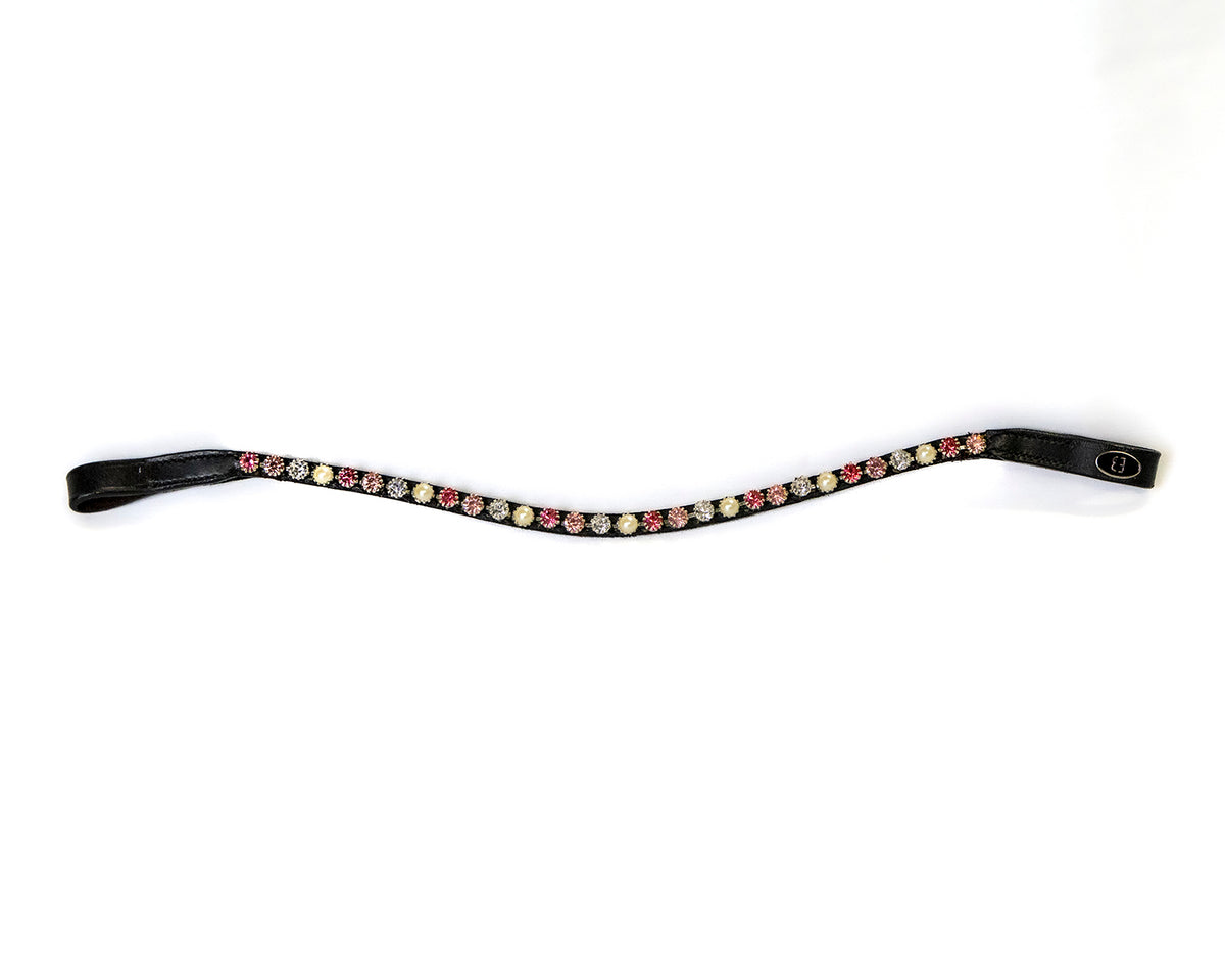 Thin black browband with dark pink, light pink and clear crystals alternating with pearls 