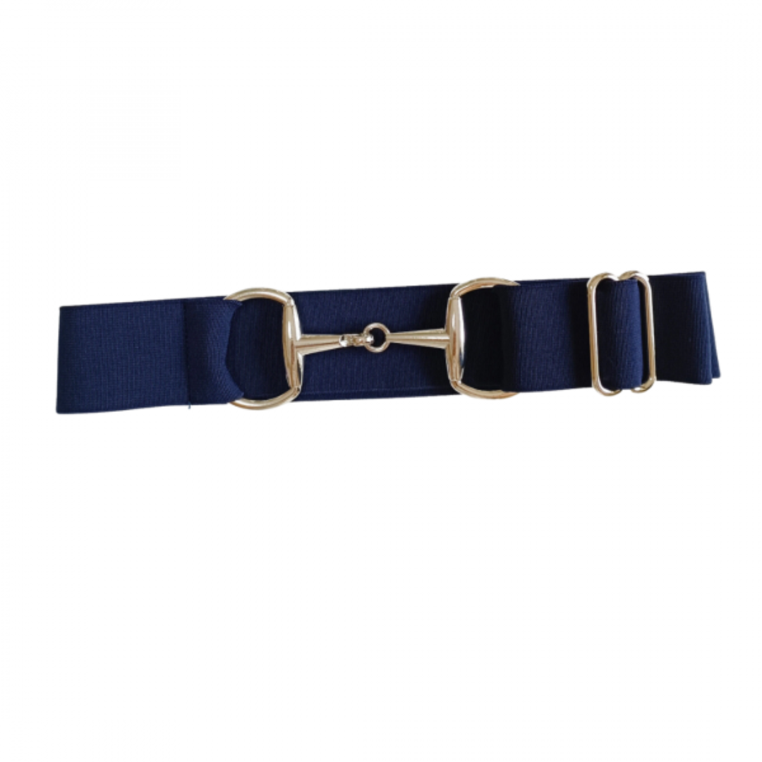 Navy elastic belt with silver bit buckle