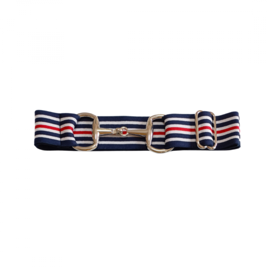 Red, white and blue elastic belt with silver bit buckle
